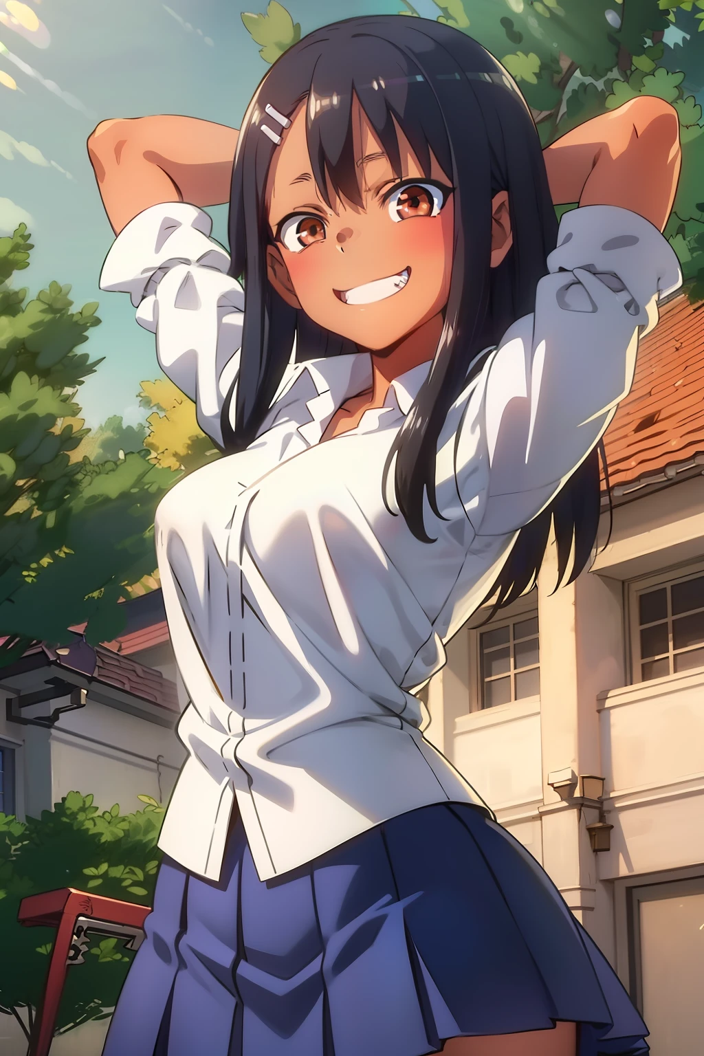 HDR, CG, sharp focus, (8k), (4k), masterpiece, best quality, sharp focus, extremely detailed, intricate, hyper detailed, nagatoro hayase, brown eyes, black hair, bangs, long hair, dark skin, hairclip, white shirt, blue skirt, no socks, uwabaki, standing, arms behind head, cowboy shot, looking at viewer, outdoors, evil grin