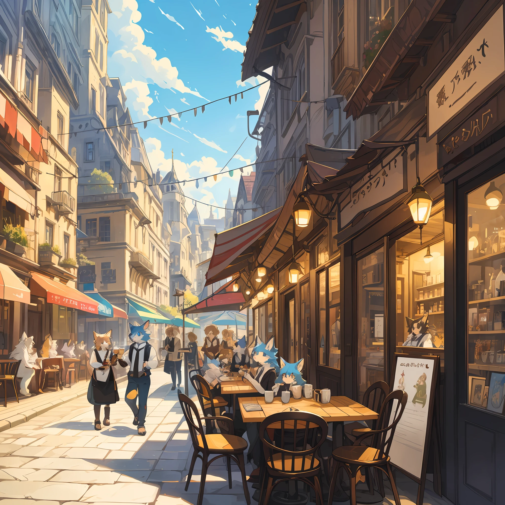 top quality, best quality, High-quality illustrations, masterpiece, super high resolution, detailed background, detailed background, cafe, Terrace, drink, coffee, staff, 6+boys, 6+girls, absurdres(highly detailed beautiful face and eyes)perfect anatomy, expression, good lighting, cinematic shadow(kemono, furry anthro),