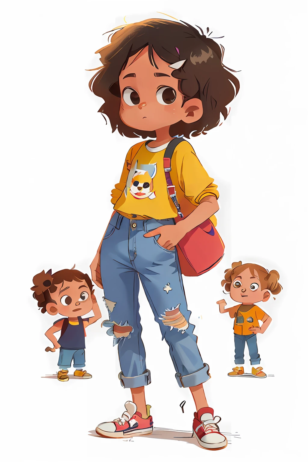 (personagem: menina, cabelo castanho curto ondulados, olhos castanhos escuro, sneaker, Denim Jeans Pants)