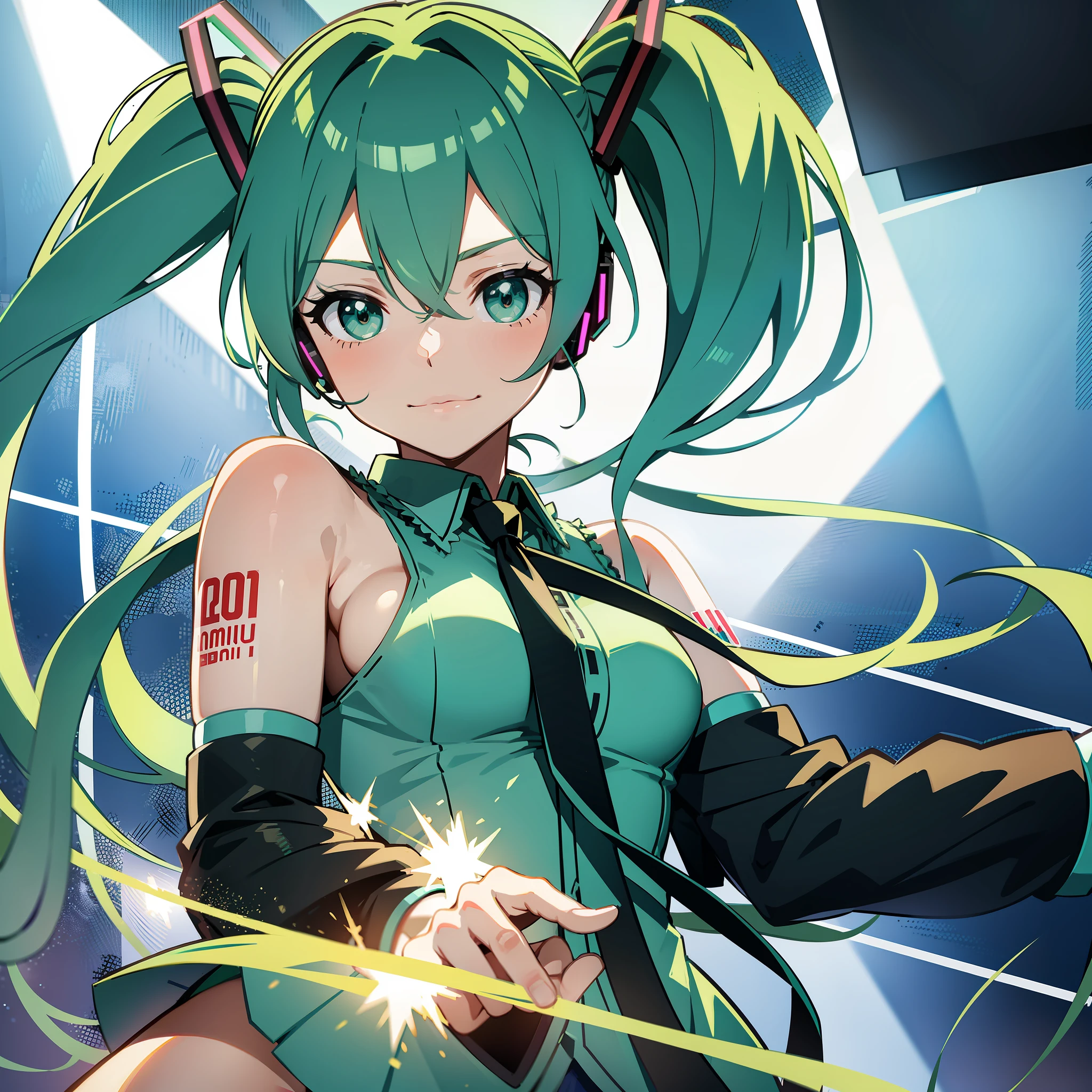 (Best quality:0.8),Big breasts Hatsune Miku,Miku green double ponytail,Green onion in hand,Earphone,Concert scene