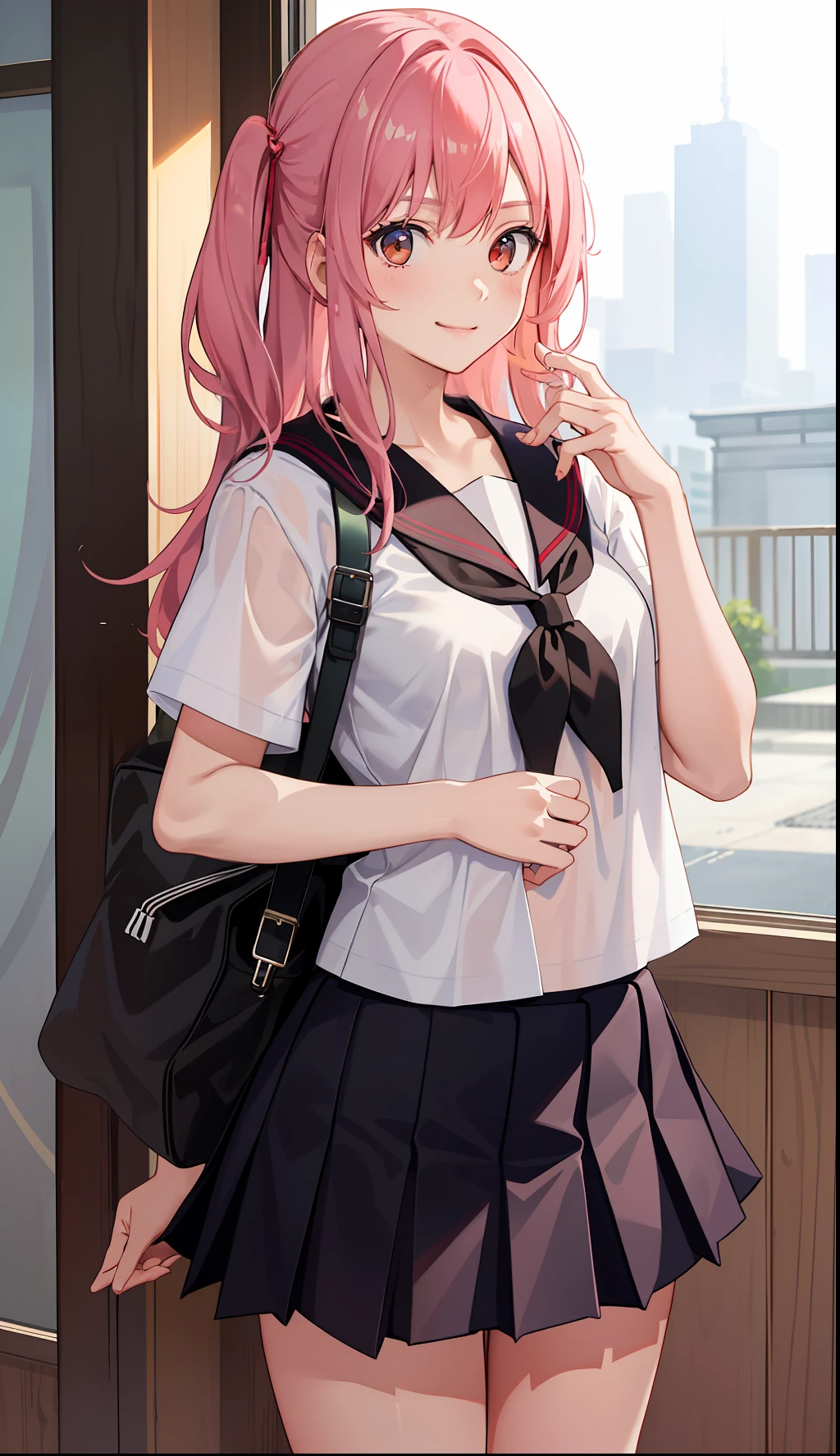 1girl in、A smile、The shirt、skirt by the、(small tits)Chilarism、Japan High School Student Uniform、serafuku、summer clothing、Squall Drenched Uniform、(Sheer Bra)、Upper body portrait、