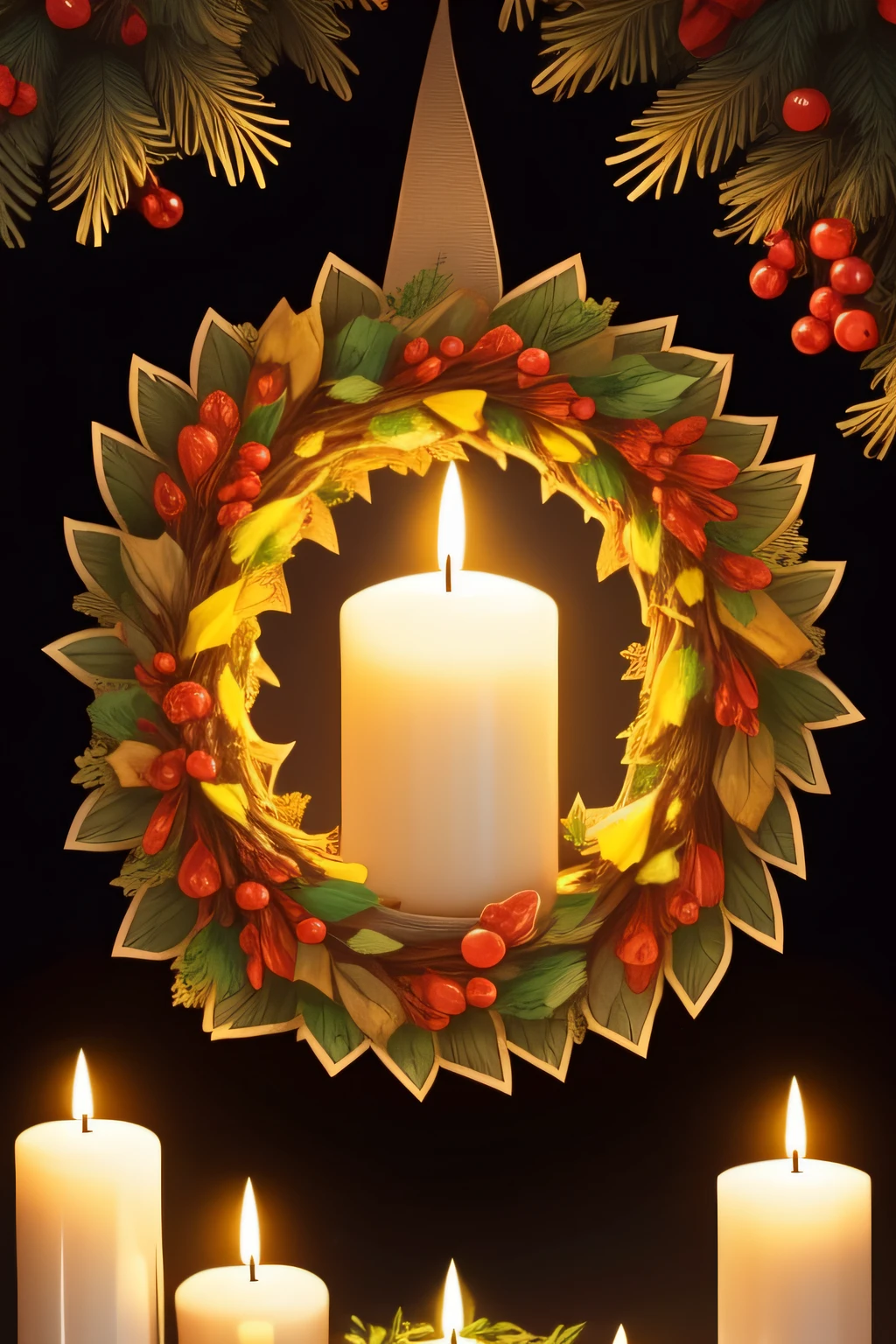 a circular wreath for Yule with pine needles and candles