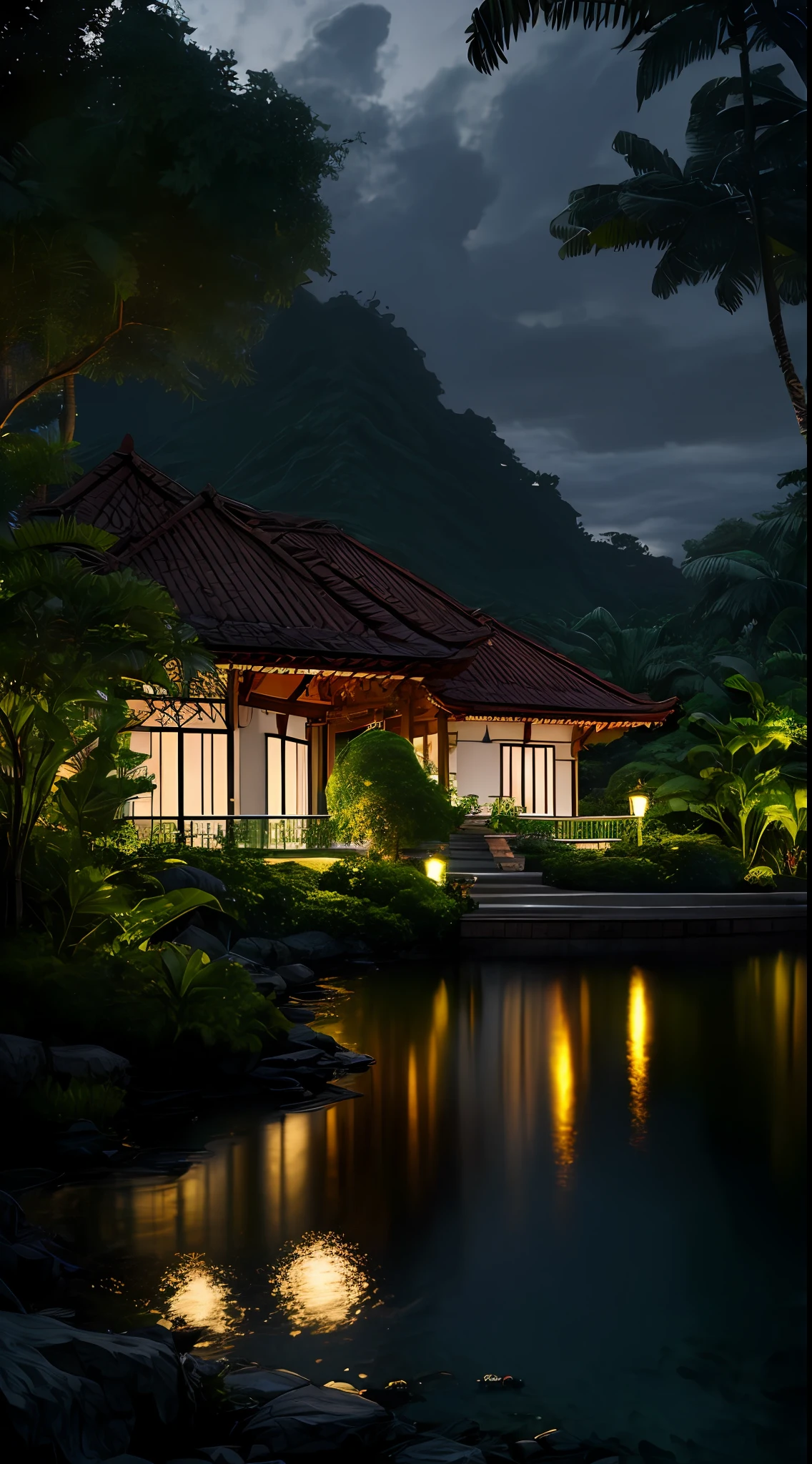 A nice little villa by the calm lake，the night，Green fluorescence，tropical style，Masterpiece, Proportional, Detailed, trending on artstationh, Beautiful lighting, Realistic, Intricate, Award-Awarded, 8K, highest quality
Award-winning, Yoshitaka Amano's 8K digital painting. Beautiful lighting and cinematic composition make this piece a true masterpiece, trending on artstationh