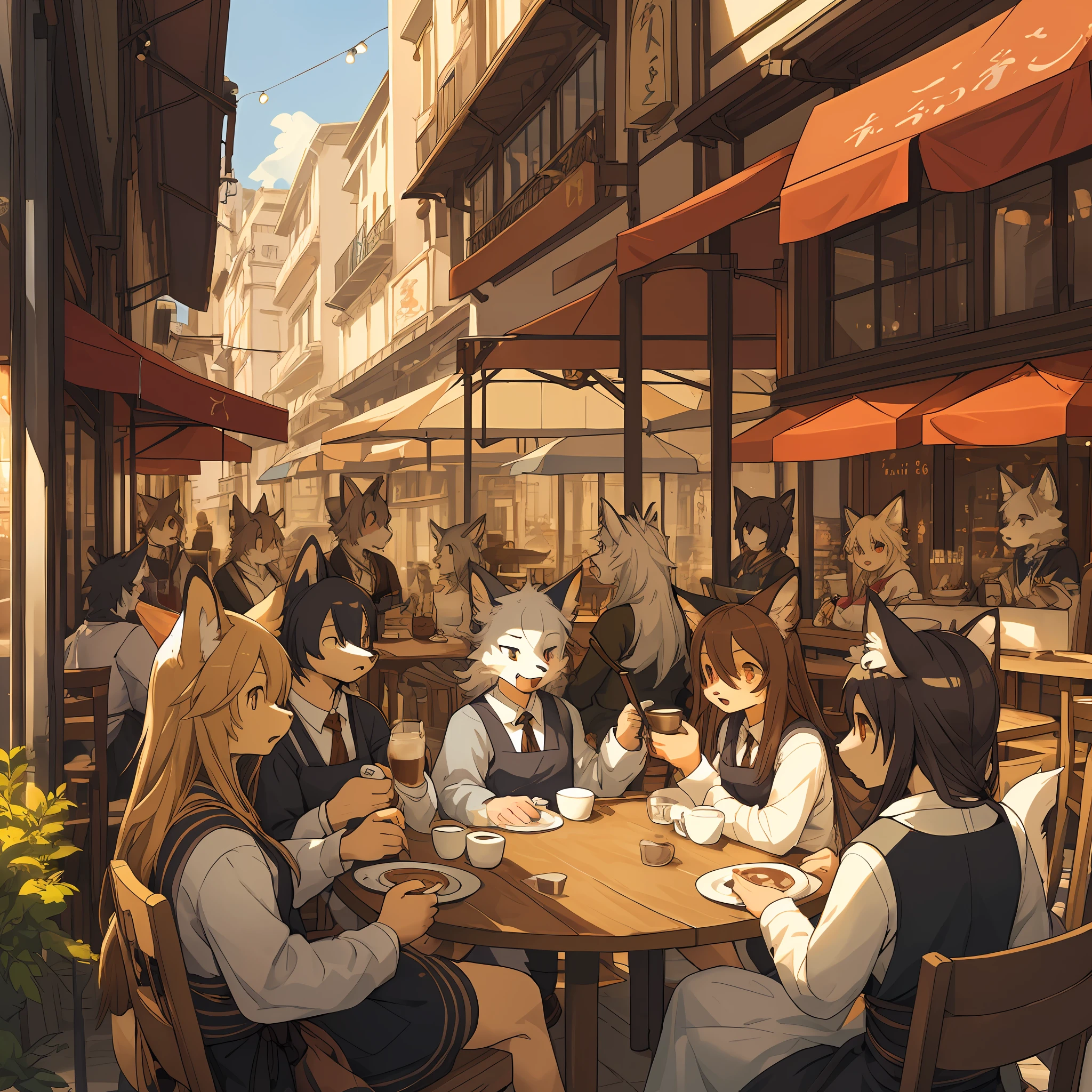 top quality, best quality, High-quality illustrations, masterpiece, super high resolution, detailed background, detailed background, cafe, Terrace, drink, coffee, staff, 6+boys, 6+girls, absurdres(highly detailed beautiful face and eyes)perfect anatomy, expression, good lighting, cinematic shadow(kemono, furry anthro),