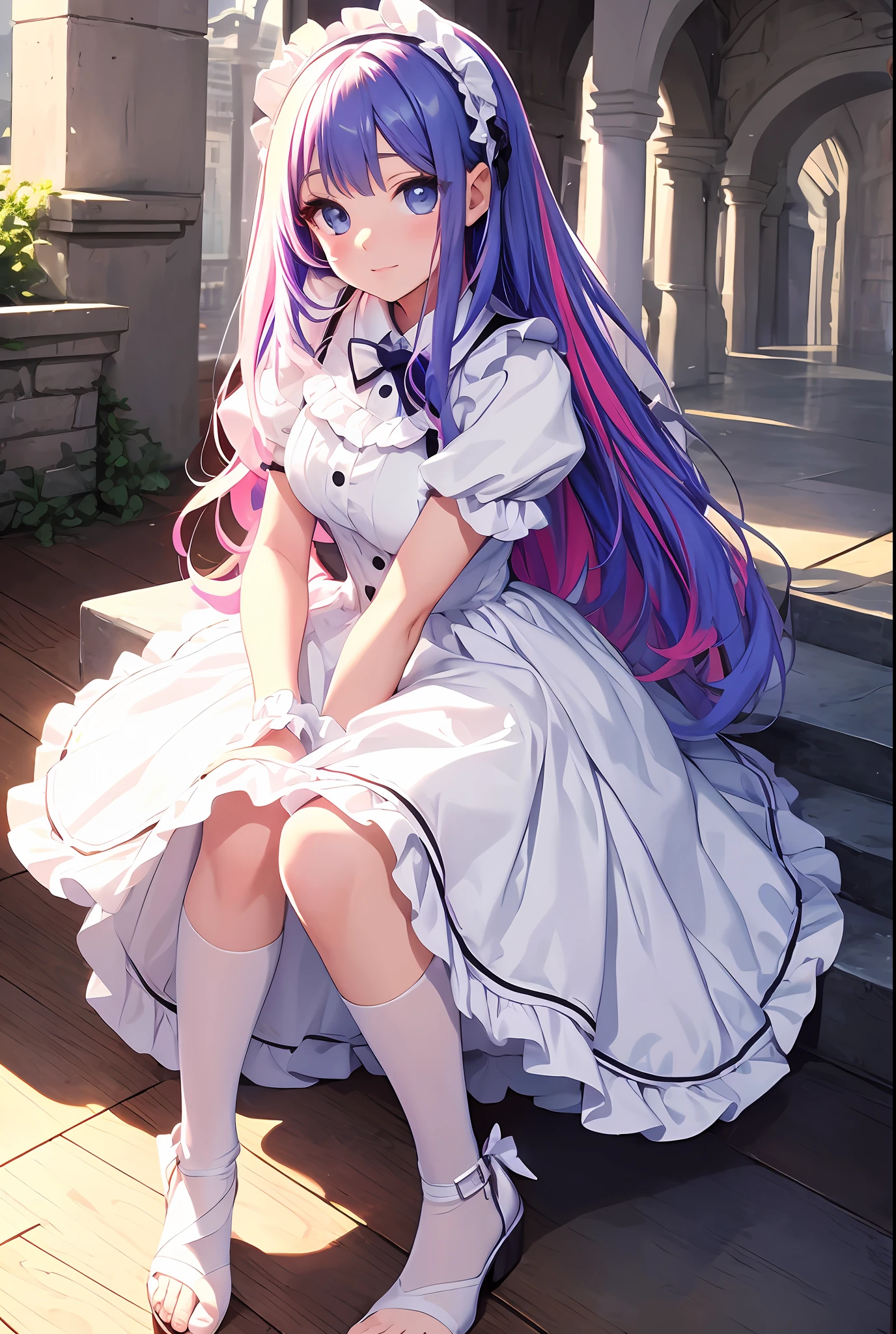 best qualityer,tmasterpiece,Ultimate resolution,downy,Extremely colorful,Colorful,Big high school girl,ta long dress, white stockings,Wedge sandals,Castle background,closeup of face