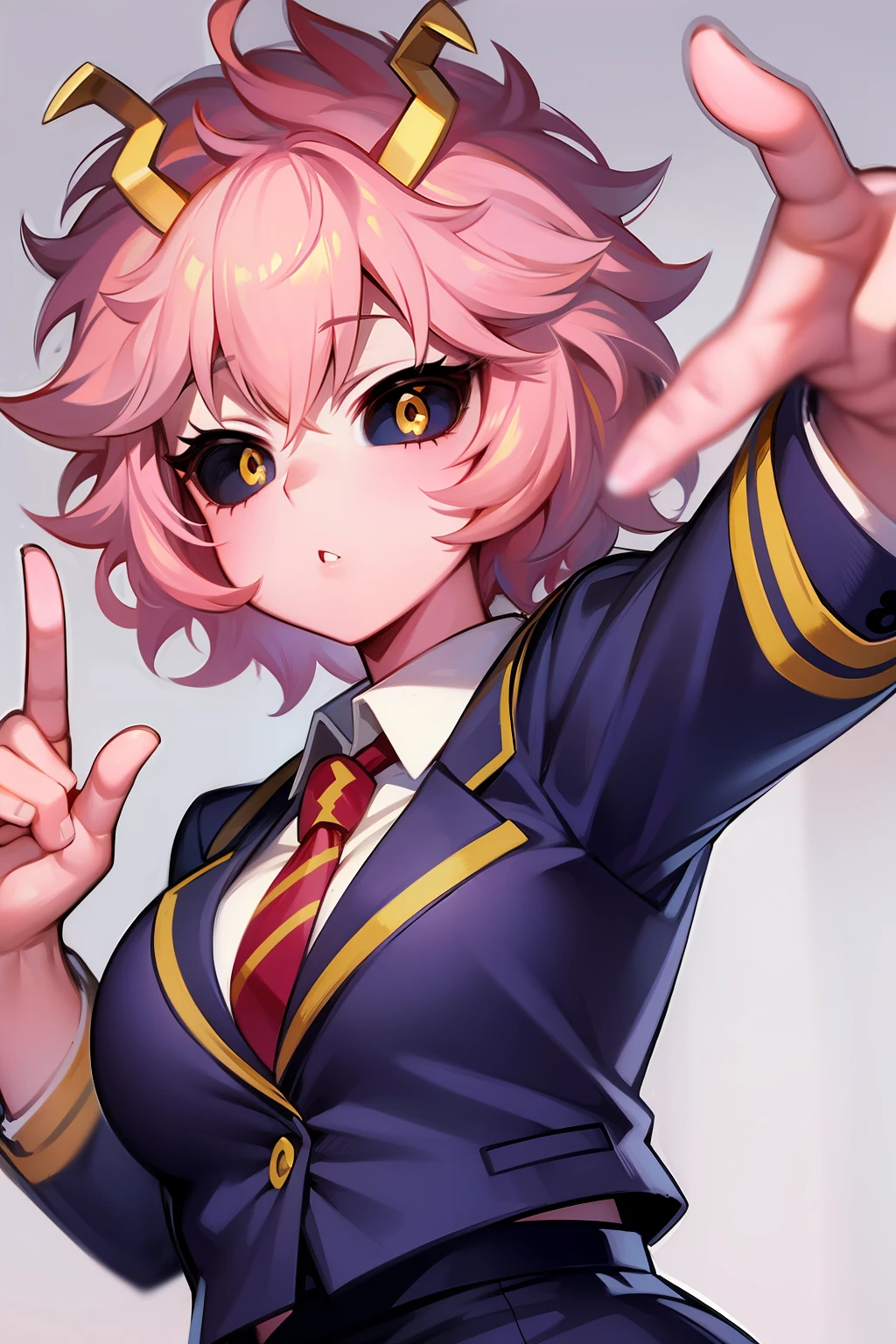 ashido mina, pink skin, yellow eyes, black sclera, horns, pink hair, school uniform, u.a. school uniform,