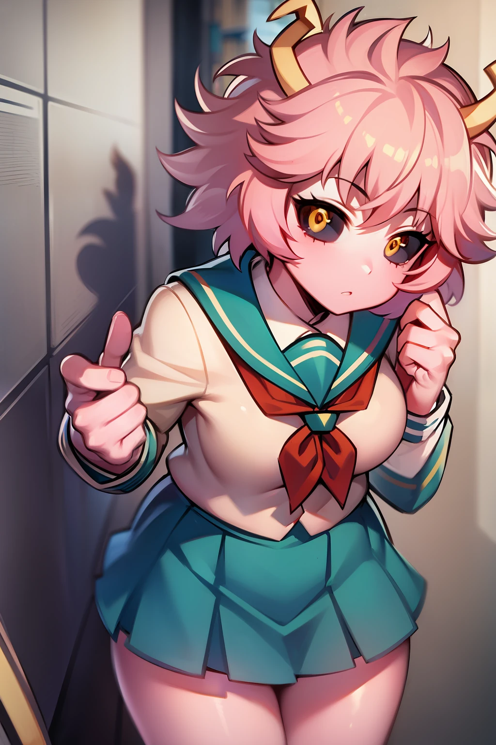 ashido mina, pink skin, yellow eyes, black sclera, horns, pink hair, school uniform, u.a. school uniform,