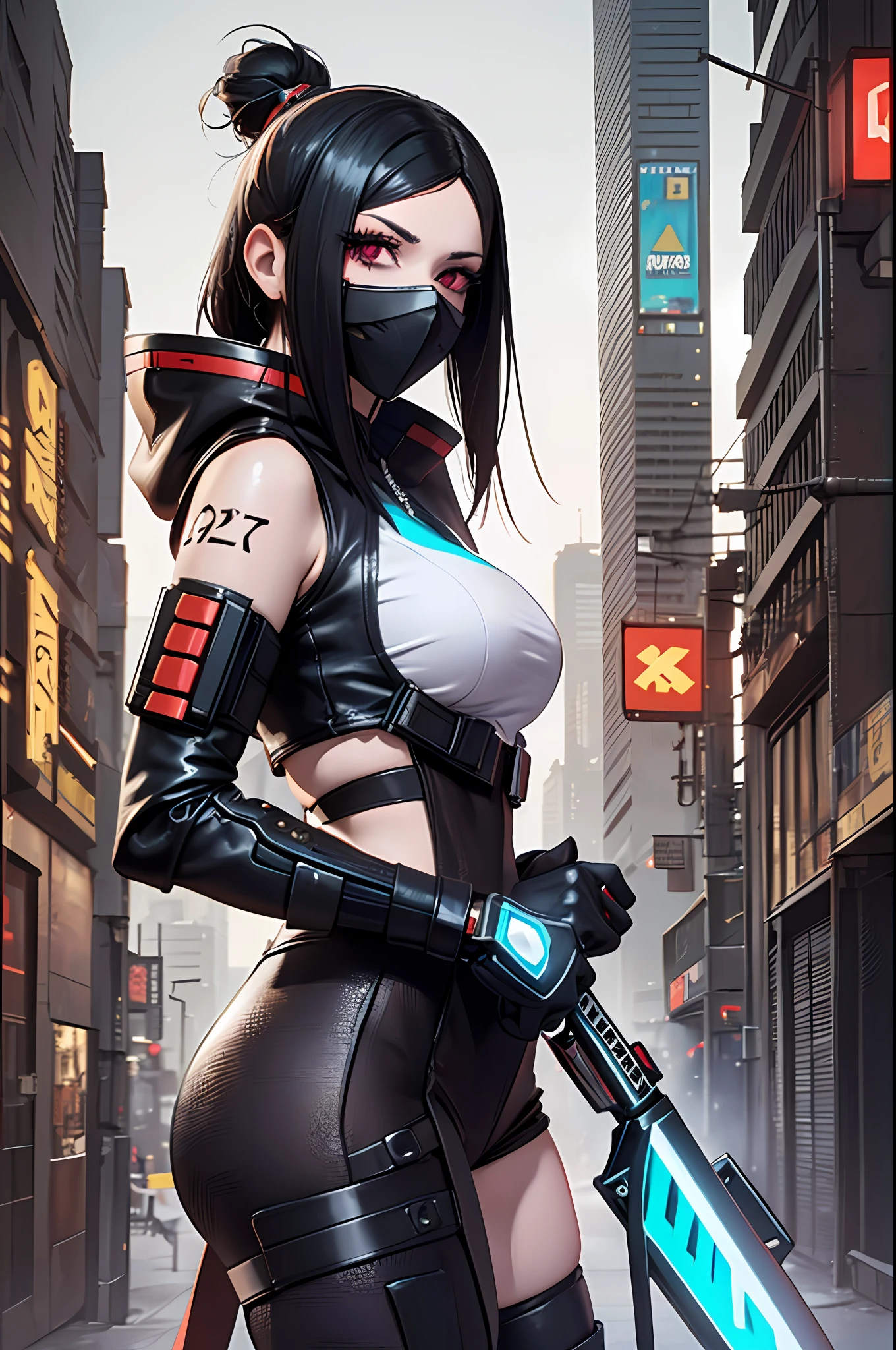 Woman in a black outfit holding a sword and a green mask, 3 d render arte do caractere 8 k, samurai cyberpunk muito bonito, assassino cyberpunk, badass anime 8 k, garota anime cyberpunk, Digital Cyberpunk - Arte de Anime, arte digital do anime cyberpunk, deviantart artstation cgscosiety, no estilo cyberpunk, Garota de anime cyberpunk com capuz, menina de anime cyberpunk feminino