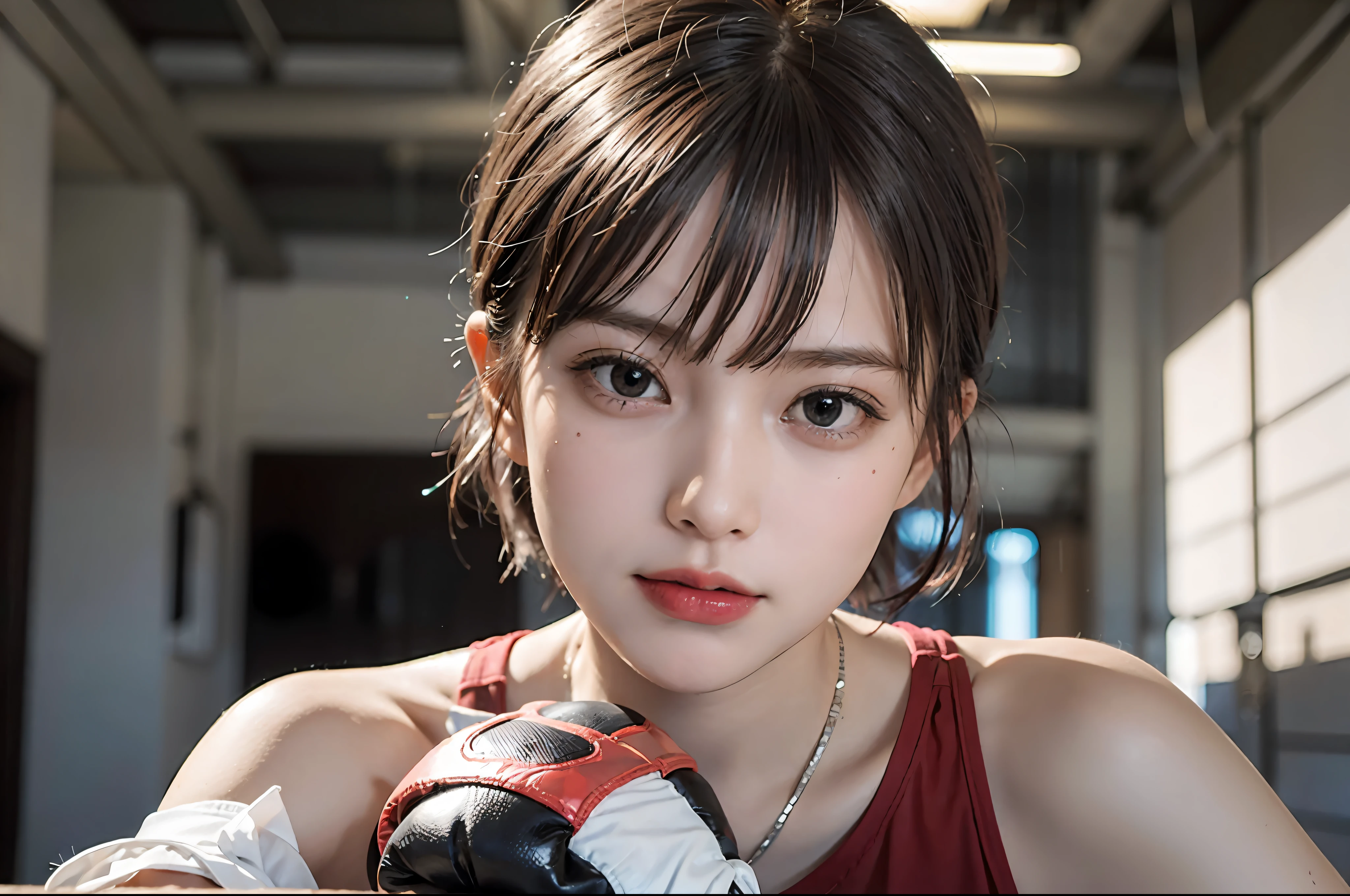 Best Quality, boxer, (Photorealsitic:2), 超A high resolution, Highly detailed, A hyper-realistic, 1girl in, ((Red Head Guard
)), (Boxing gloves), Floral pattern,  colourfull_head_hair、(((very_short_head_hair))), Short hair, Slim body, Full Shot, Looking at Viewer, ((Boxing rings)),  Bright atmosphere, spot light, Detailed background