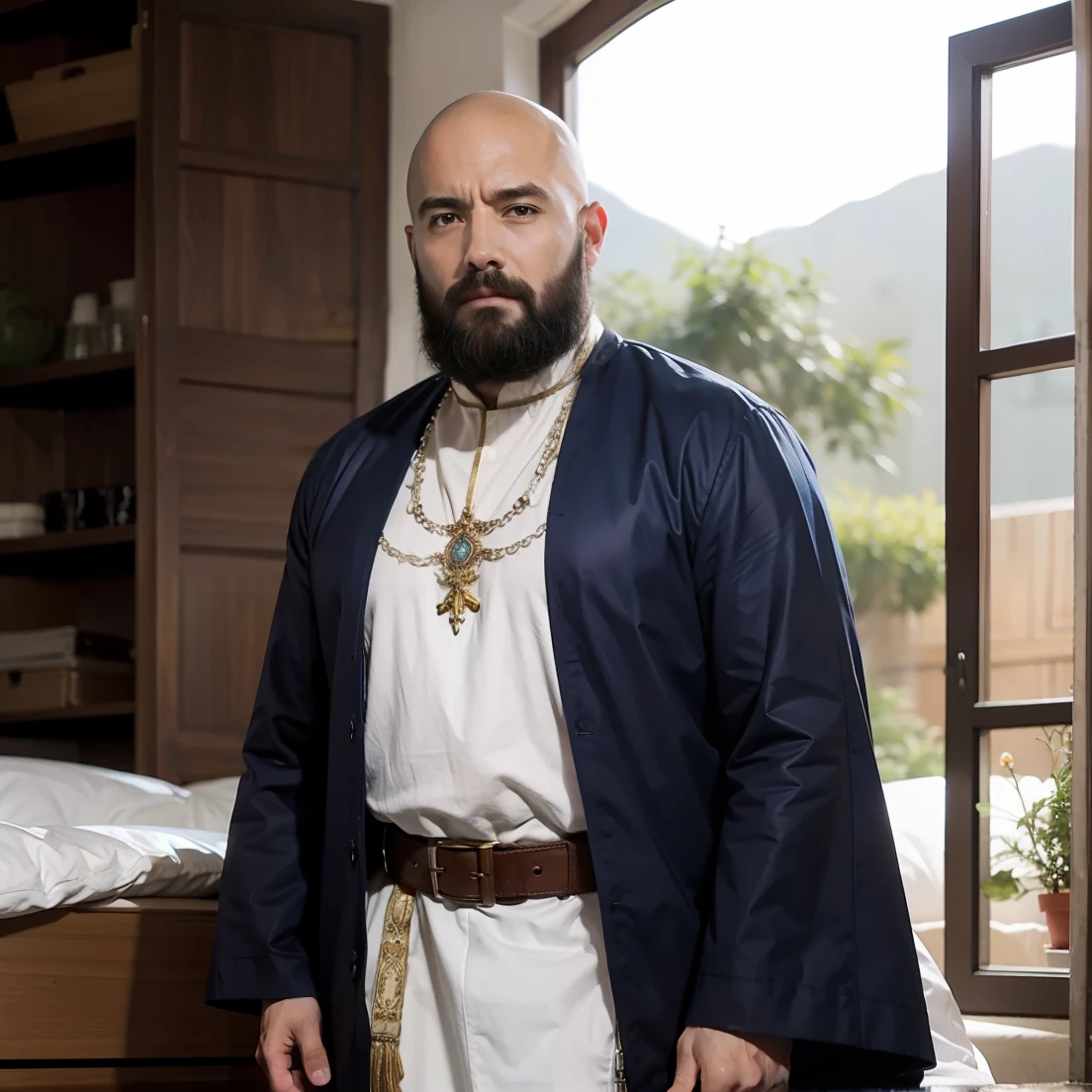 Homem barbudo de cabelos longos e brancos, of serta dade and tunic and kneeling in a pasture