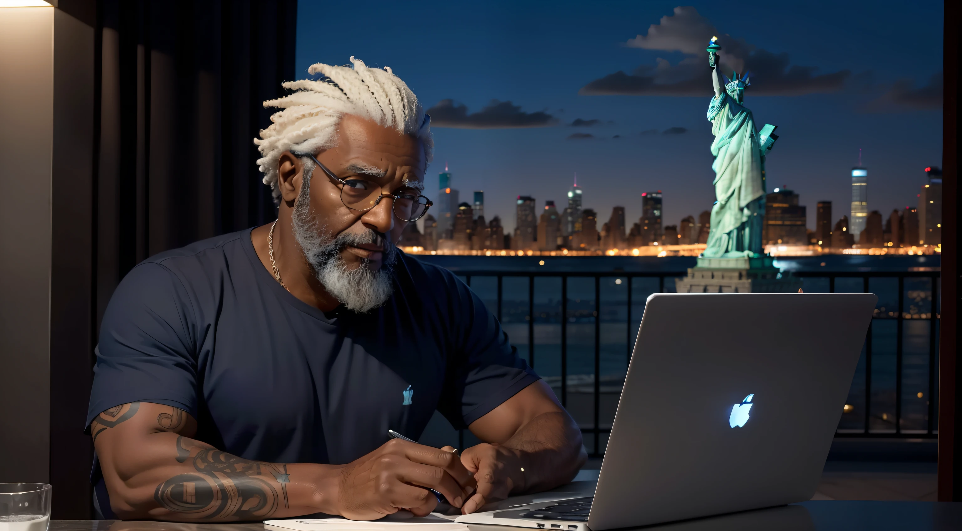 homem negro e velho, cabelos  grandes e barbudo, com camisa social azul, lendo um e-mail no seu notebook, sentado na varanda de sua casa, In the background as background Statue of Liberty of New York City, Noite escura, contemporary style, Rear view, maximum detailed, alta qualidade