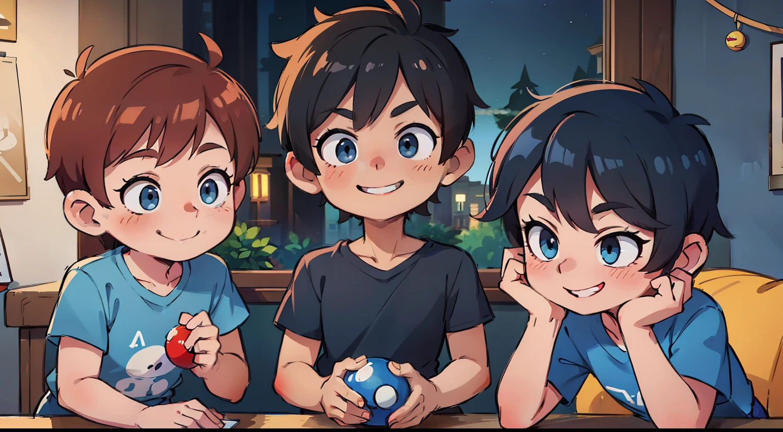 -magic ball smiling- to --the boy-- --in the blue shirt--, ---with his fam---[ ---bedroom---, --at night--]