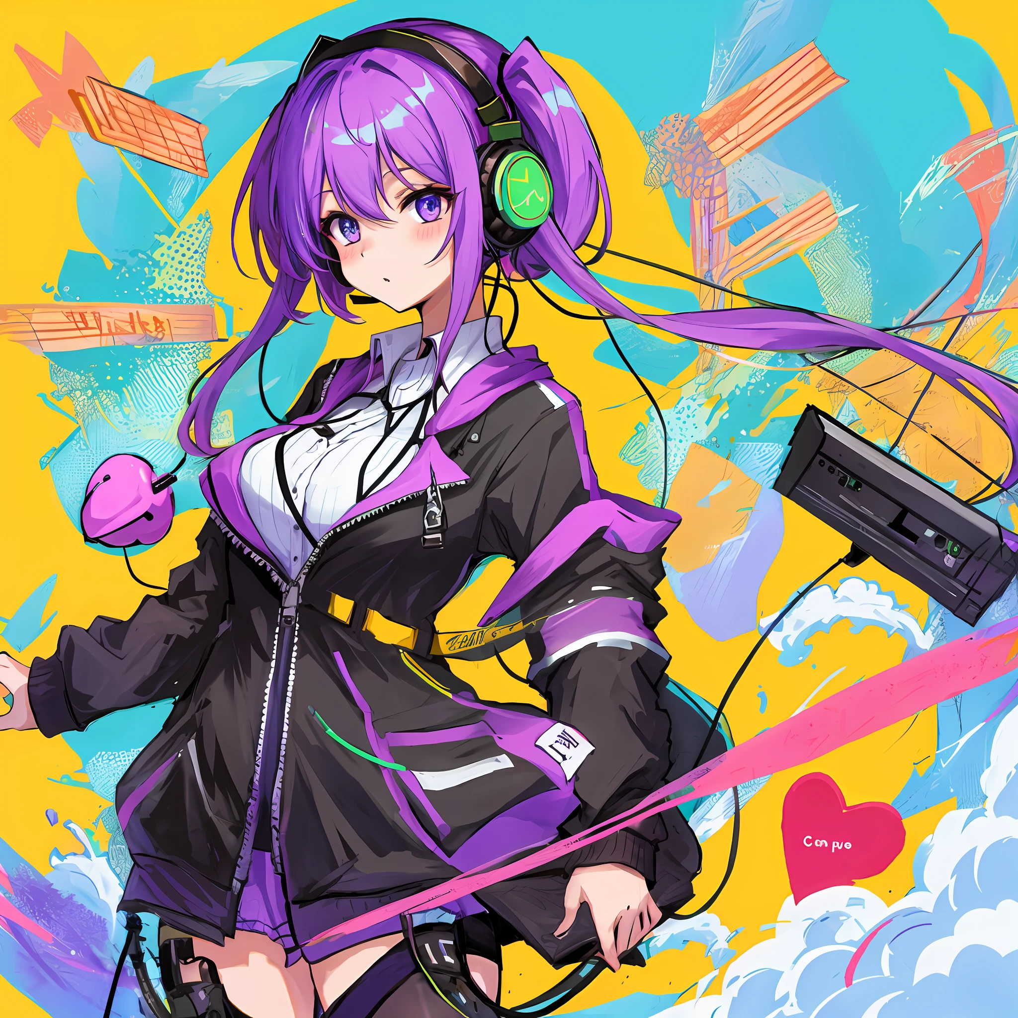 Two-dimensional sweet cool headphone girl purple