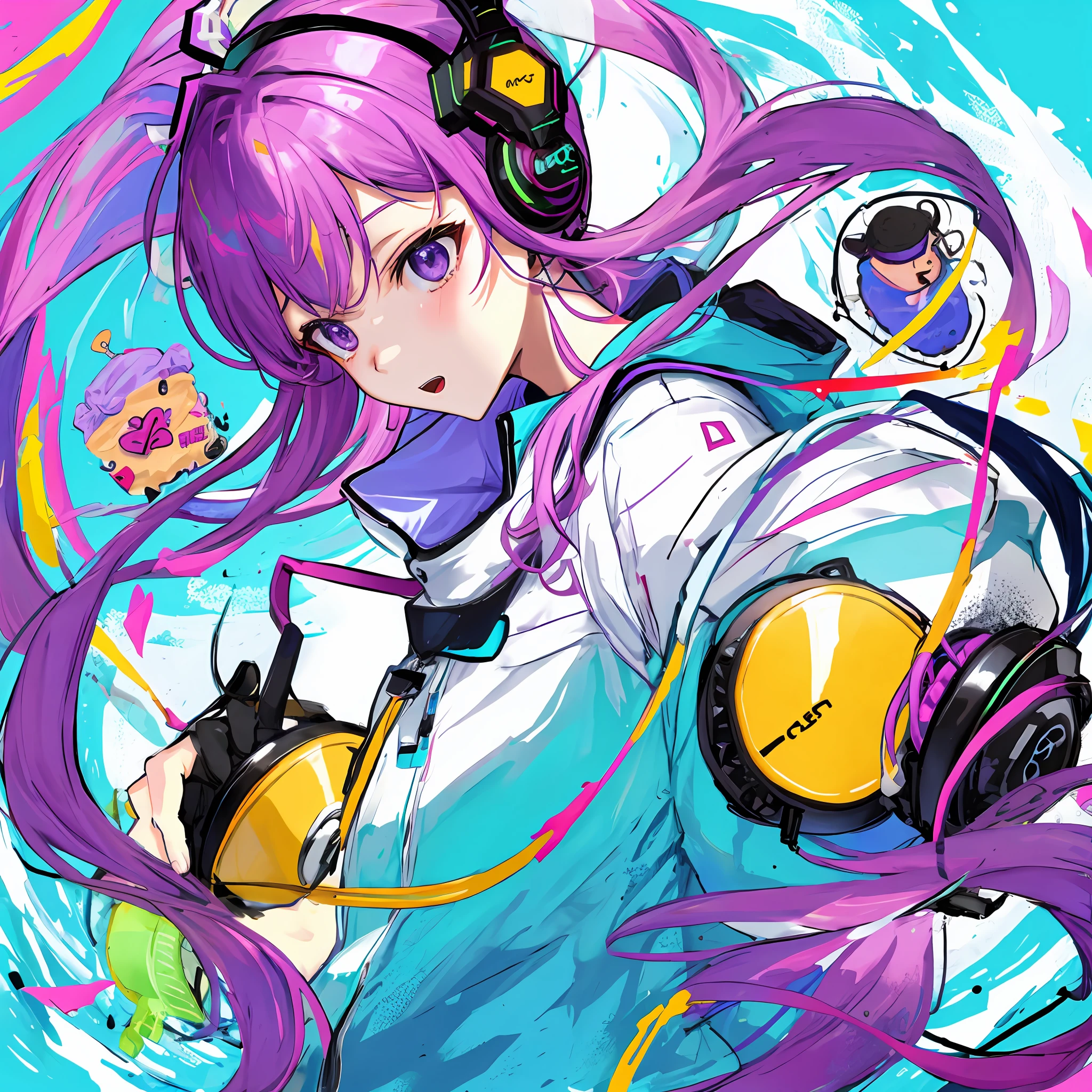 Two-dimensional sweet cool headphone girl purple
