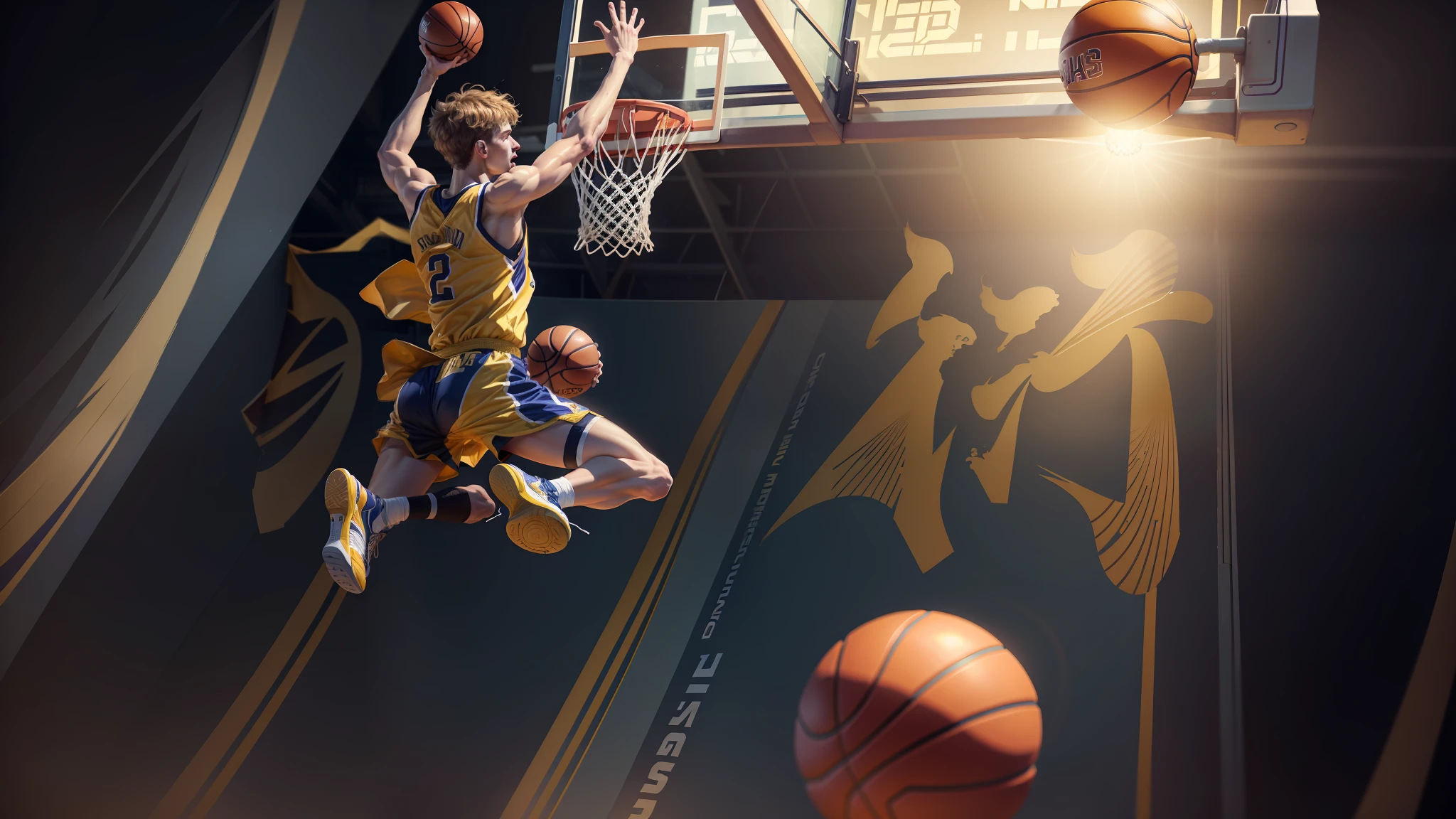 basketball，Male players，Basketball game，Match websites，Basketball hall，Dunk，Solo，Present dynamic basketball game scenes。IvoryGoldAI