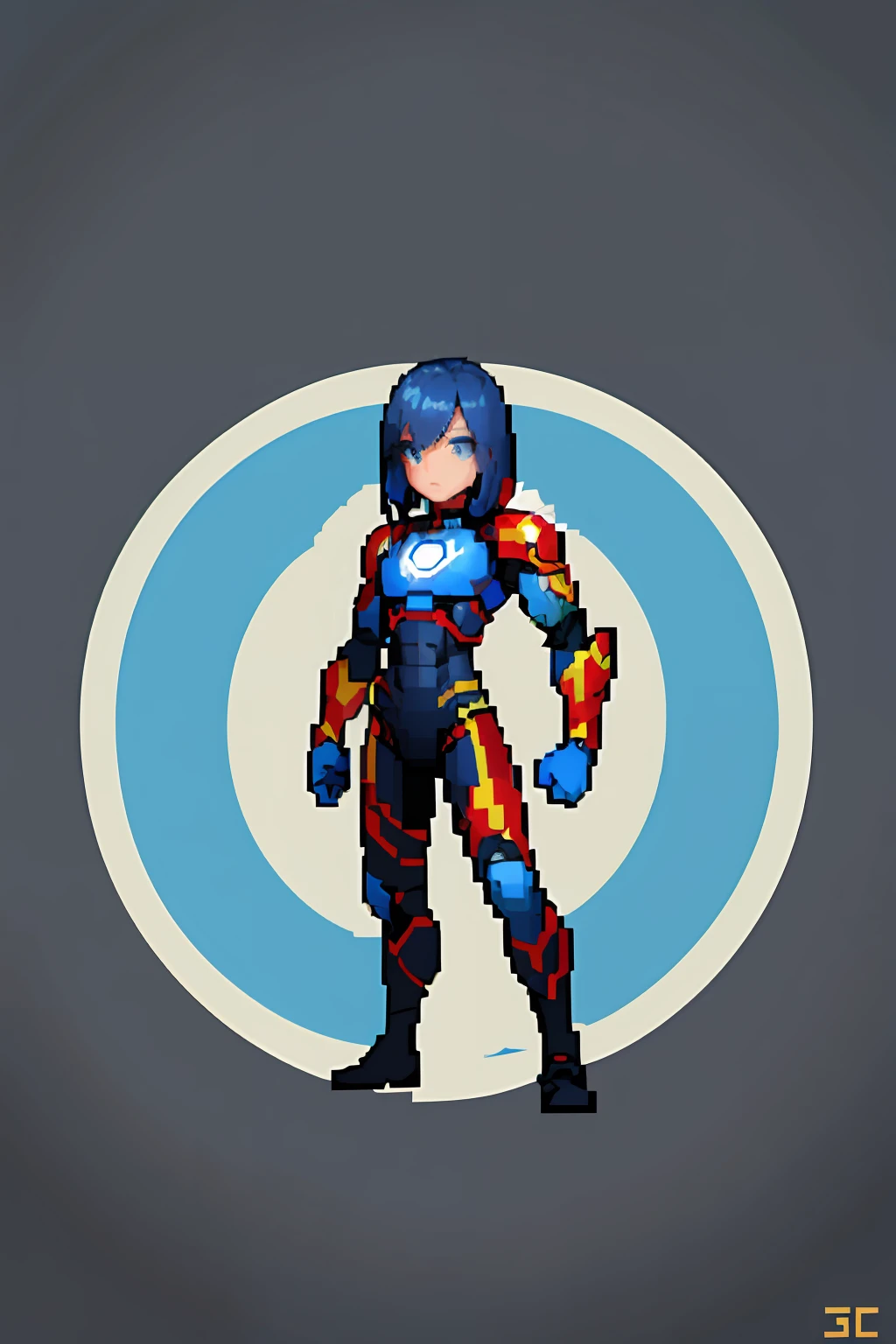 Blue hair, Iron Man, (tmasterpiece, top-quality, best qualityer), pix, pixelart, 1girll, (best qualityer:1.3),(tmasterpiece:1.1),(illustratio:1.2),(ultra - detailed:1.2)
