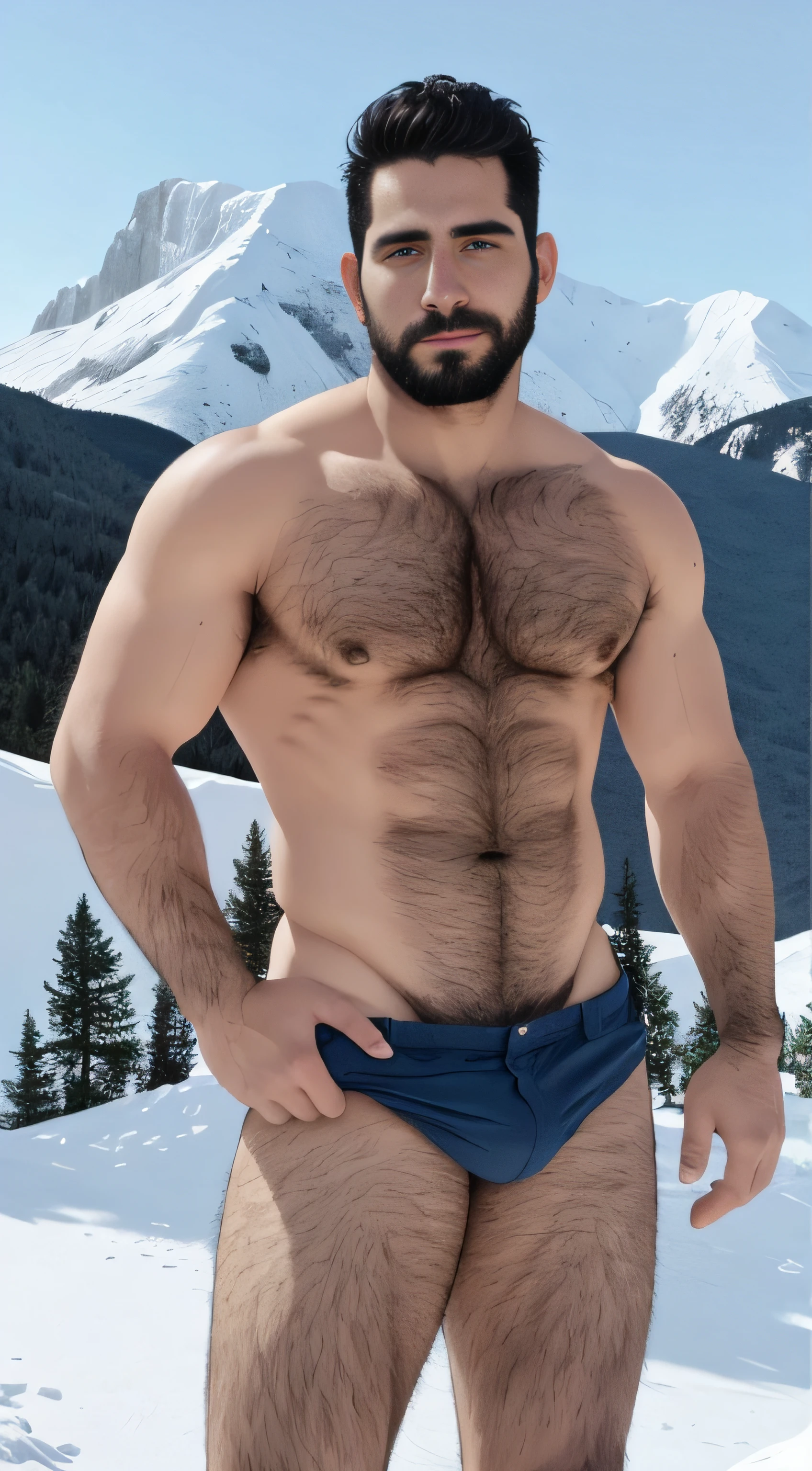 barbado, Shirtless man standing in front of a snowy mountain, Super buff y cool, pecho peludo y cuerpo peludo, pecho peludo, Pelo en el pecho, 30 years old man, inspirado en Maluma