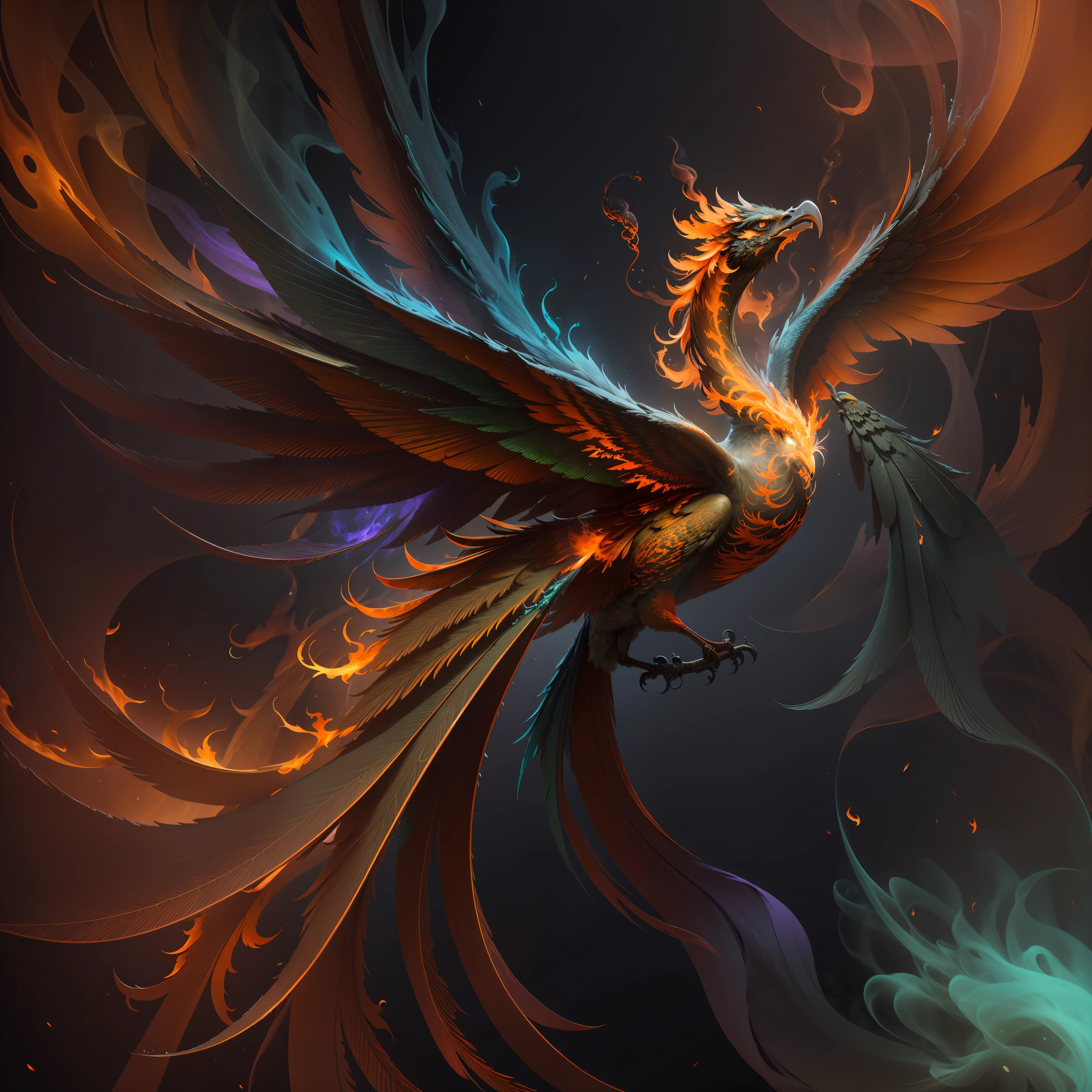 wallpaper, smoke, flame, transparent, smoky, ghostly, dreamlike, fractal, (red), (orange), (yellow), (black), green, blue, purple, lilac,  dynamic lighting, hyperdetailed, raw photo, realistic, intricately detailed,  phoenix flame, [bird], trending on Artstation, volumetric lighting, post processing, professional photography,