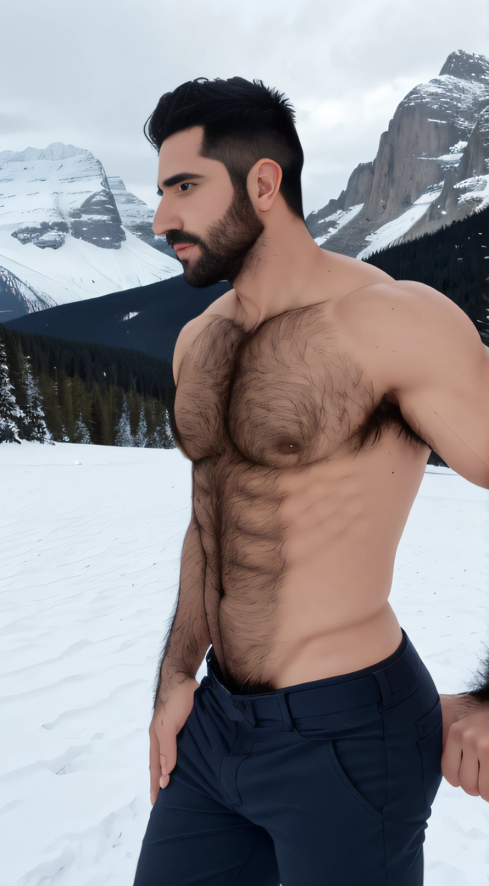 barbado, Shirtless man standing in front of a snowy mountain, Super buff y cool, pecho peludo y cuerpo peludo, pecho peludo, Pelo en el pecho, 30 years old man, inspirado en Maluma
