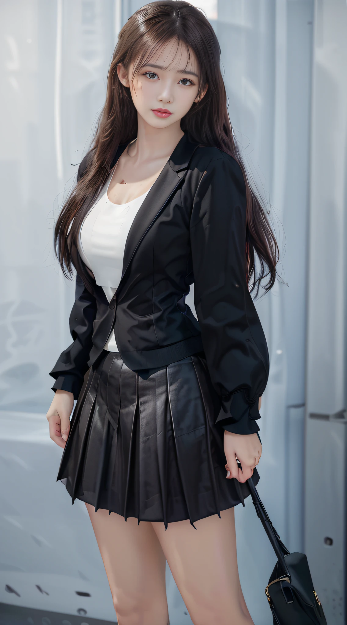 best quality, masterpiece, 1girl, Beautiful face, (photo realistic:1.3), rim lighting, (high detailed skin:1.2), 8k uhd, dslr, high quality, high resolution, 4k, 8k, Bokeh, absurdres, best ratio four finger and one thumb, (realistic:1.3), cute 1girl, wearing black formal blazer, medium breasts, short skirt,
