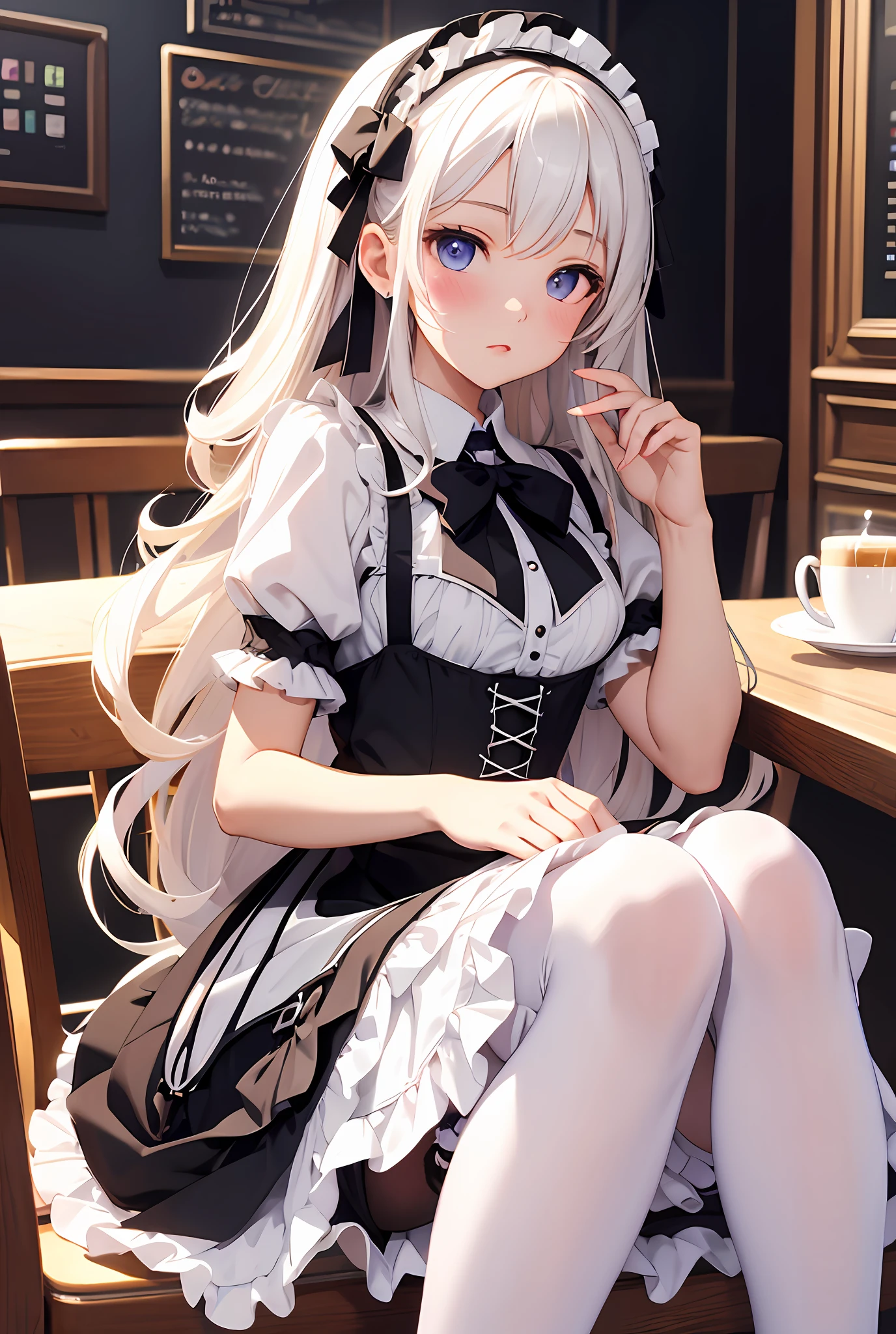 best qualityer，tmasterpiece，Ultimate resolution，downy，plethora of colors，Colorful，Big high school girl，full bodyesbian，Lolita long dress，white stockings，(Lolita shoes)，Cafe background，closeup of face