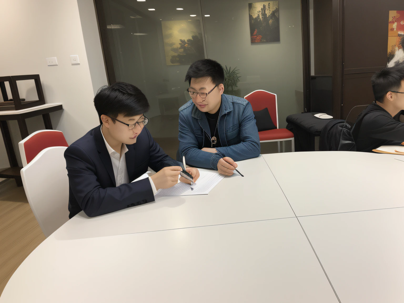 There are two people sitting at a table,Hold a pen and paper, Ruan Jia and Fenghua Zhong, yiqiang and shurakrgt, jin shan and ross tran, Student, korean artist, author:Master of Han Chinese, gunwoo kim and j.dickenson, stephen lau and artgerm, author:Zhang Shengqi