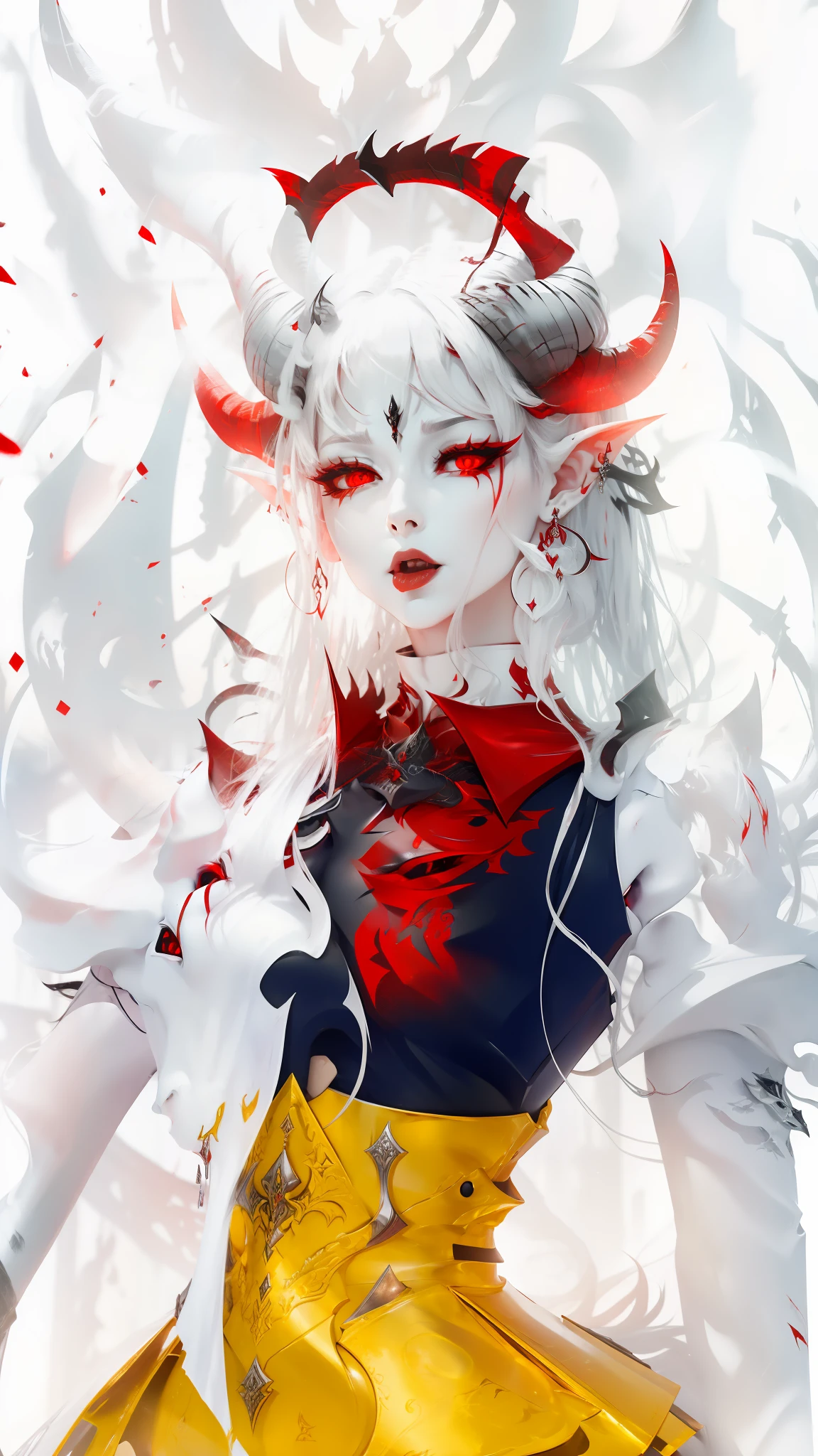 Demon, horns, and a red forked tongue.red eyes and earrings on the ears. With long, black claws, best quality , masterpiece, high resolution, 4k