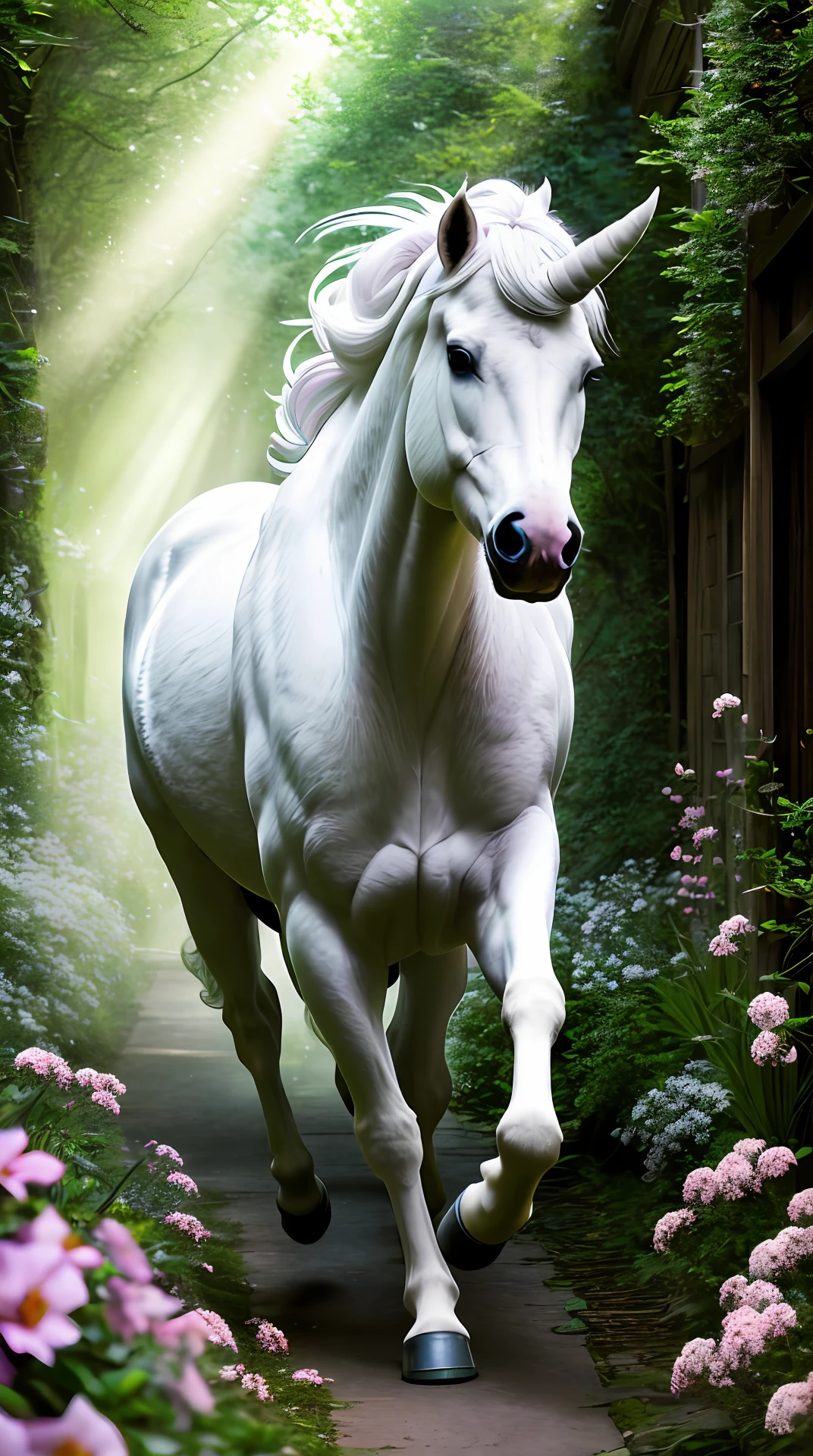 extremely detailed wallpaper, white unicorn run in green forest alley, dynamic pose, spring, morning, beams of light, flowers, (intricate details:1.12), hdr, (intricate details, hyperdetailed:1.15), (cinematic look:1.4), soothing tones, insane details, intricate details, hyperdetailed, low contrast, soft cinematic light, dim colors, exposure blend, hdr, faded, slate gray atmosphere