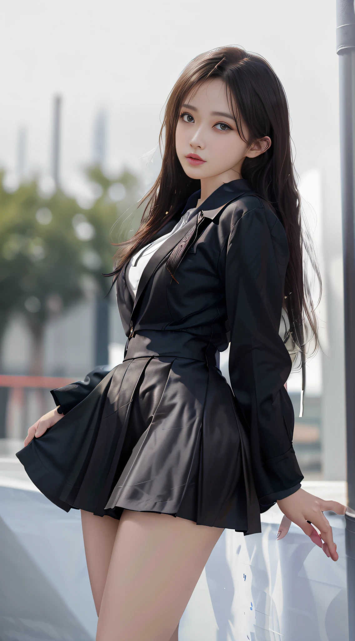 best quality, masterpiece, 1girl, Beautiful face, (photo realistic:1.3), rim lighting, (high detailed skin:1.2), 8k uhd, dslr, high quality, high resolution, 4k, 8k, Bokeh,  absurdres, best ratio four finger and one thumb, (realistic:1.3), cute 1girl, wearing black formal blazer, medium breasts, short skirt,