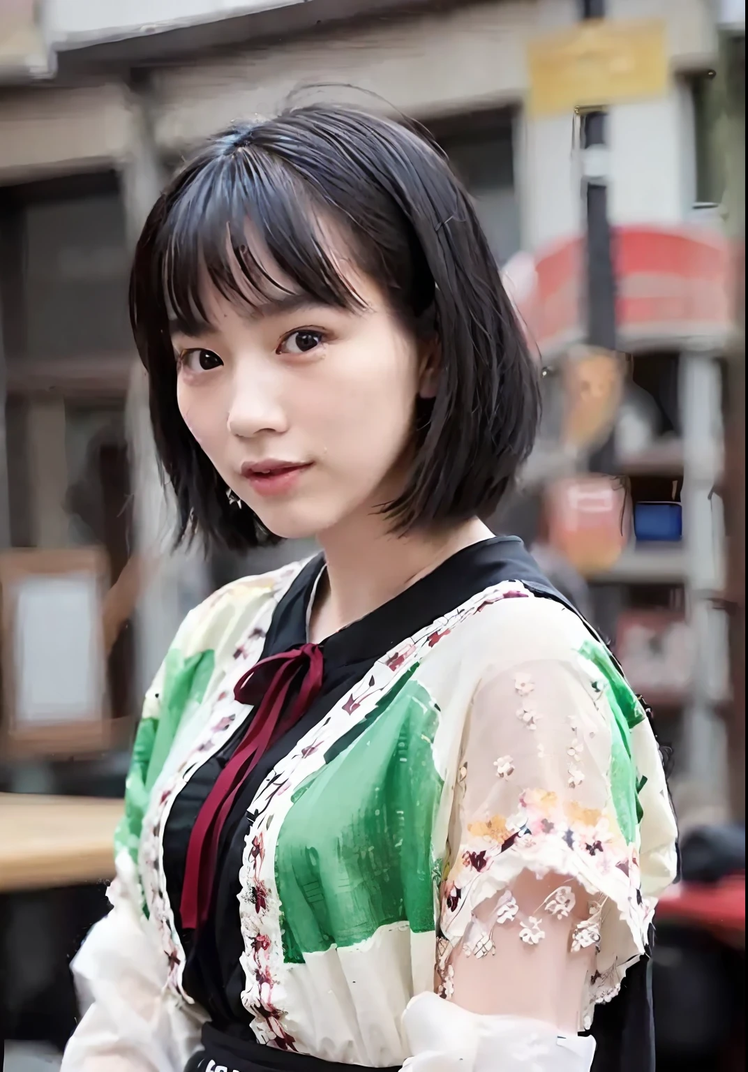 Masterpiece, top quality, official art, highly detailed CG Unity 8K wallpaper, like a schoolgirl, very delicate and beautiful, ultra high resolution, (photorealistic: 1.4), golden hour lighting, (upper body), (platinum shorthair: 0.8), (puffy eyes), looking at the viewer, facing the front, smiling, JK skirt, white dress, Shirt Lift Long Black Hair、hair、Portrait of a female hyperrealist by David Hockney and Alphonse Mucha、Fantasyart、Photorealsitic、动态照明、art stations、poster for、Volumetric lighting、extra detailed face、4 k、Award-winning、、1girl、dark、deep-shadows、lowkey、In the street、(校服:1.4)、length hair、A dark-haired、iced、unclear