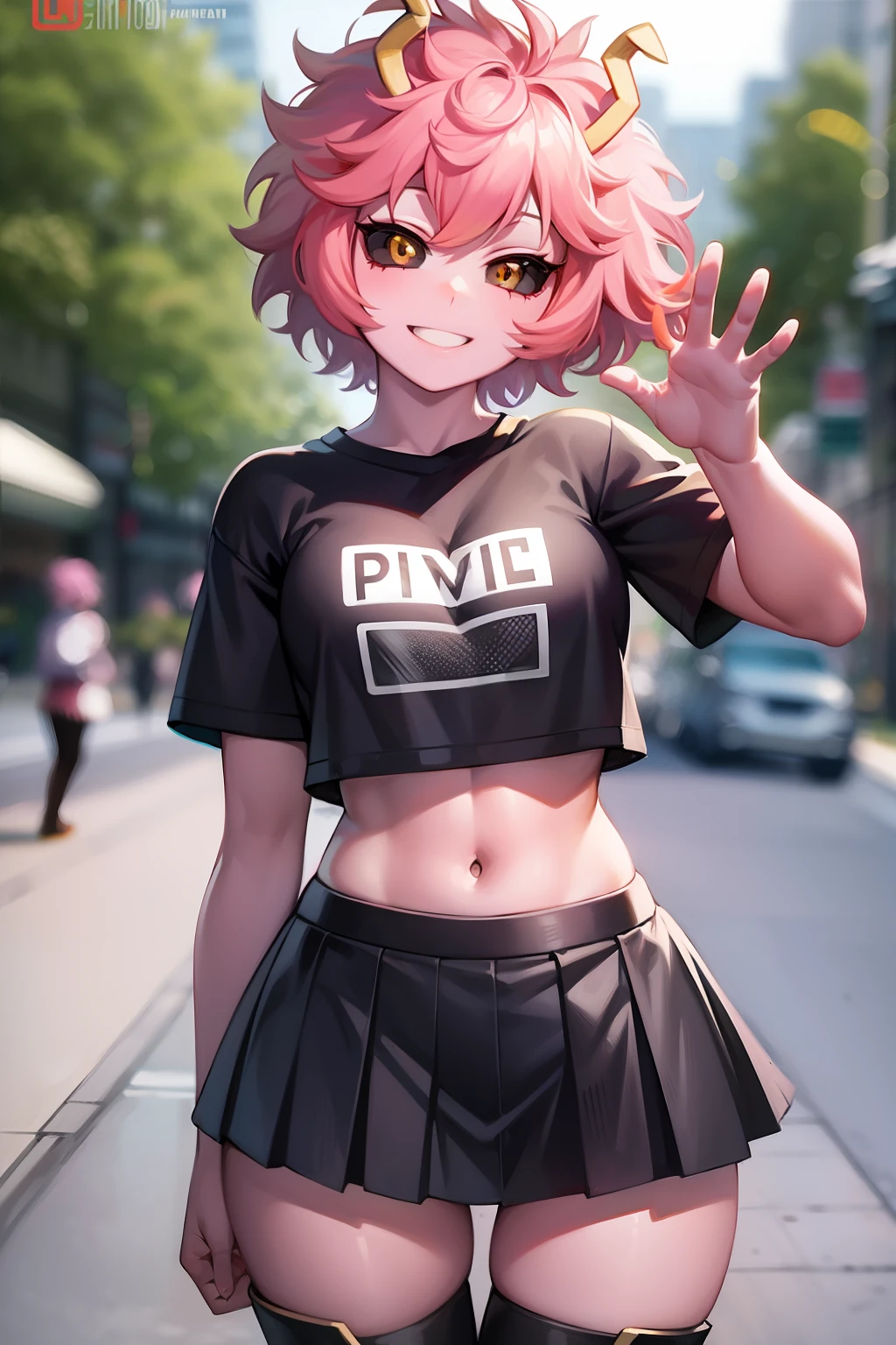 solo, ashido mina, pink skin, yellow eyes, black sclera, horns, pink hair, logo shirt, pleated skirt, midriff, thigh boots,  smile, waving, looking at viewer, outdoors, street