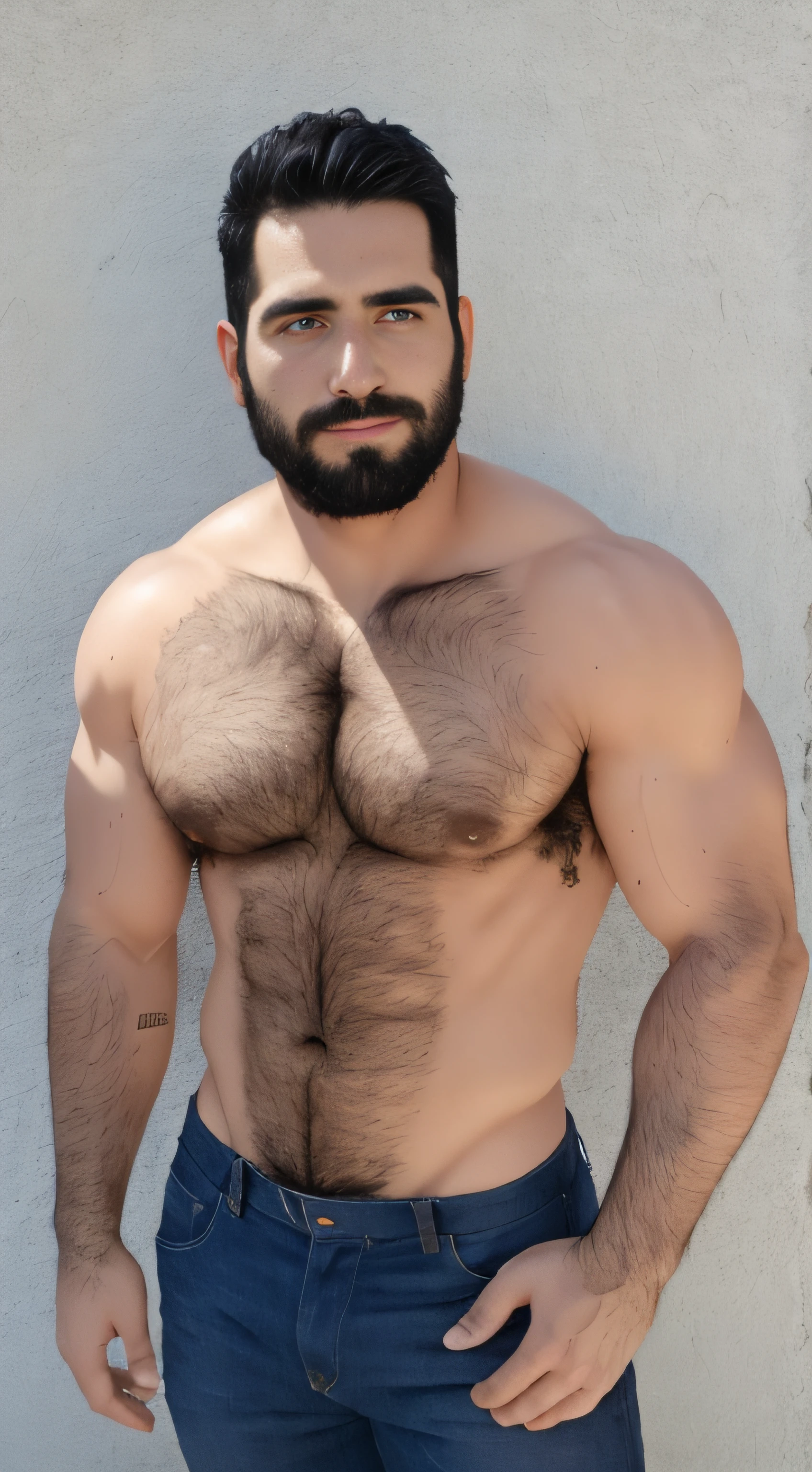 barbado, Shirtless man standing in front of a mountain, Super buff y cool, pecho peludo y cuerpo peludo, pecho peludo, Pelo en el pecho, 30 years old man, inspirado en Maluma