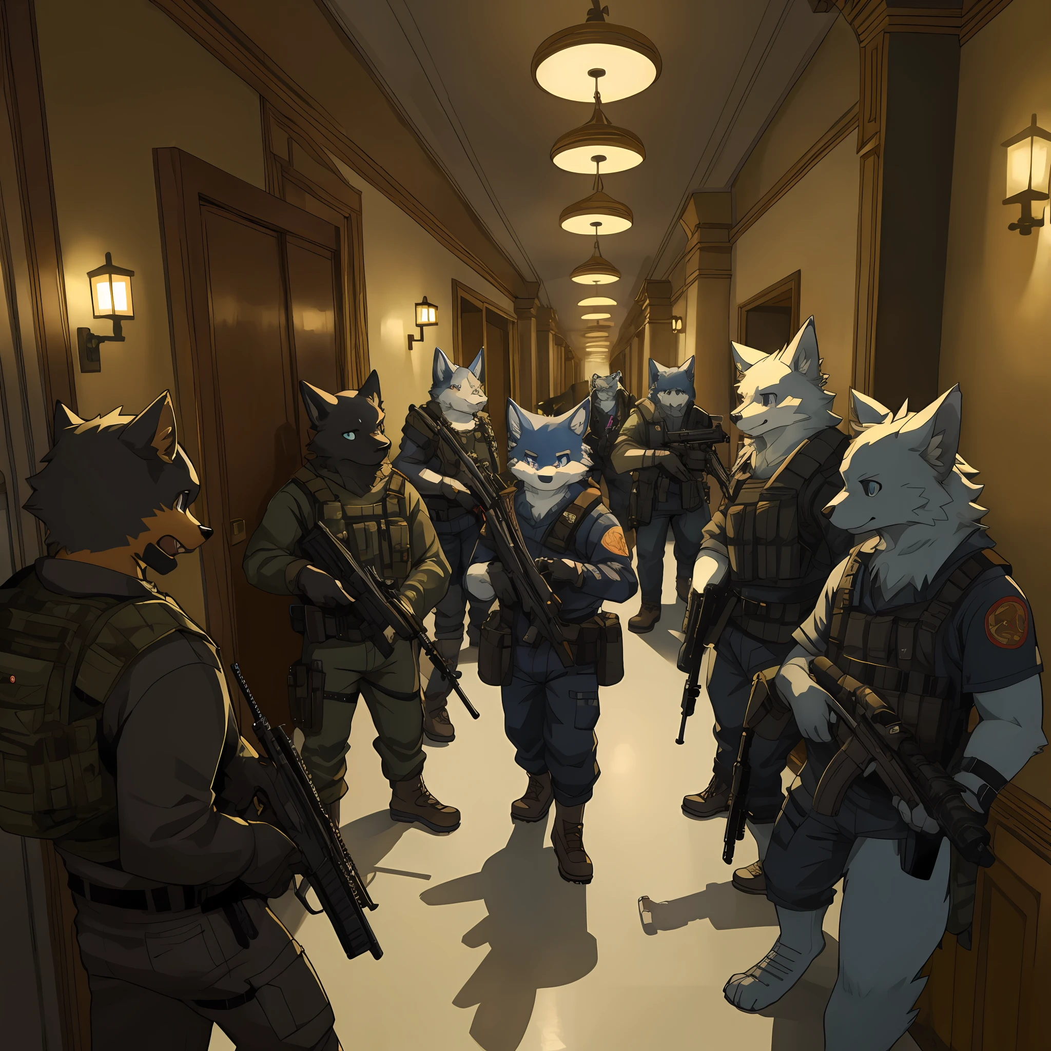 dynamic angle, top quality, best quality, High-quality illustrations, masterpiece, super high resolution, detailed background, detailed background, biohazard, Dim hotel hallway, gun fight, group shot:0.1, 6+boys, 6+girls, game package, absurdres(highly detailed beautiful face and eyes)perfect ???????, expression, good lighting, cinematic shadow(kemono, furry anthro),