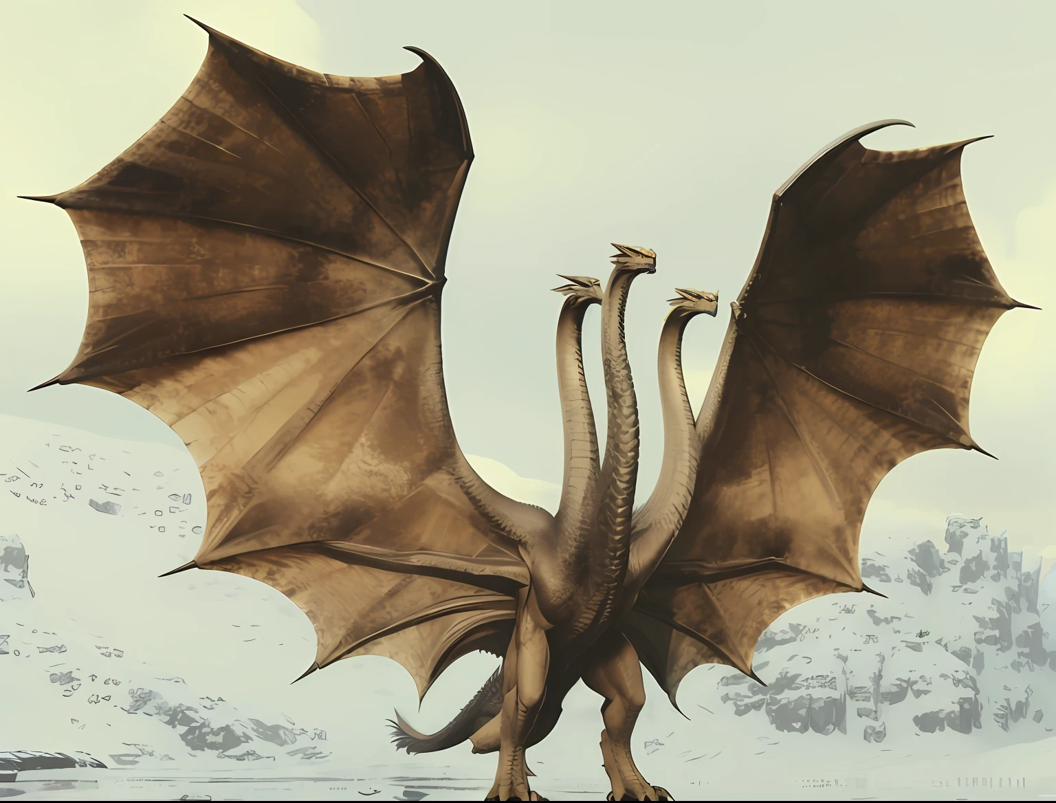 There is a great dragon that is standing in the snow, Rei Ghidorah, Giant dragon wings, serpe, asas gigantes, que se divide ao meio em asas, asas gigantescas, great mystical winged serpent, massive wings, giant dragon flying in the sky, giant kaiju dragon monster, grande envergadura, huge wings growing out of arms