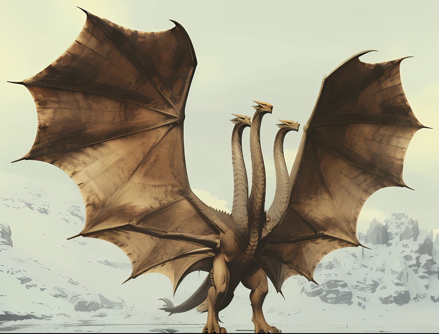 There is a great dragon that is standing in the snow, Rei Ghidorah, Giant dragon wings, serpe, asas gigantes, que se divide ao meio em asas, asas gigantescas, great mystical winged serpent, massive wings, giant dragon flying in the sky, giant kaiju dragon monster, grande envergadura, huge wings growing out of arms