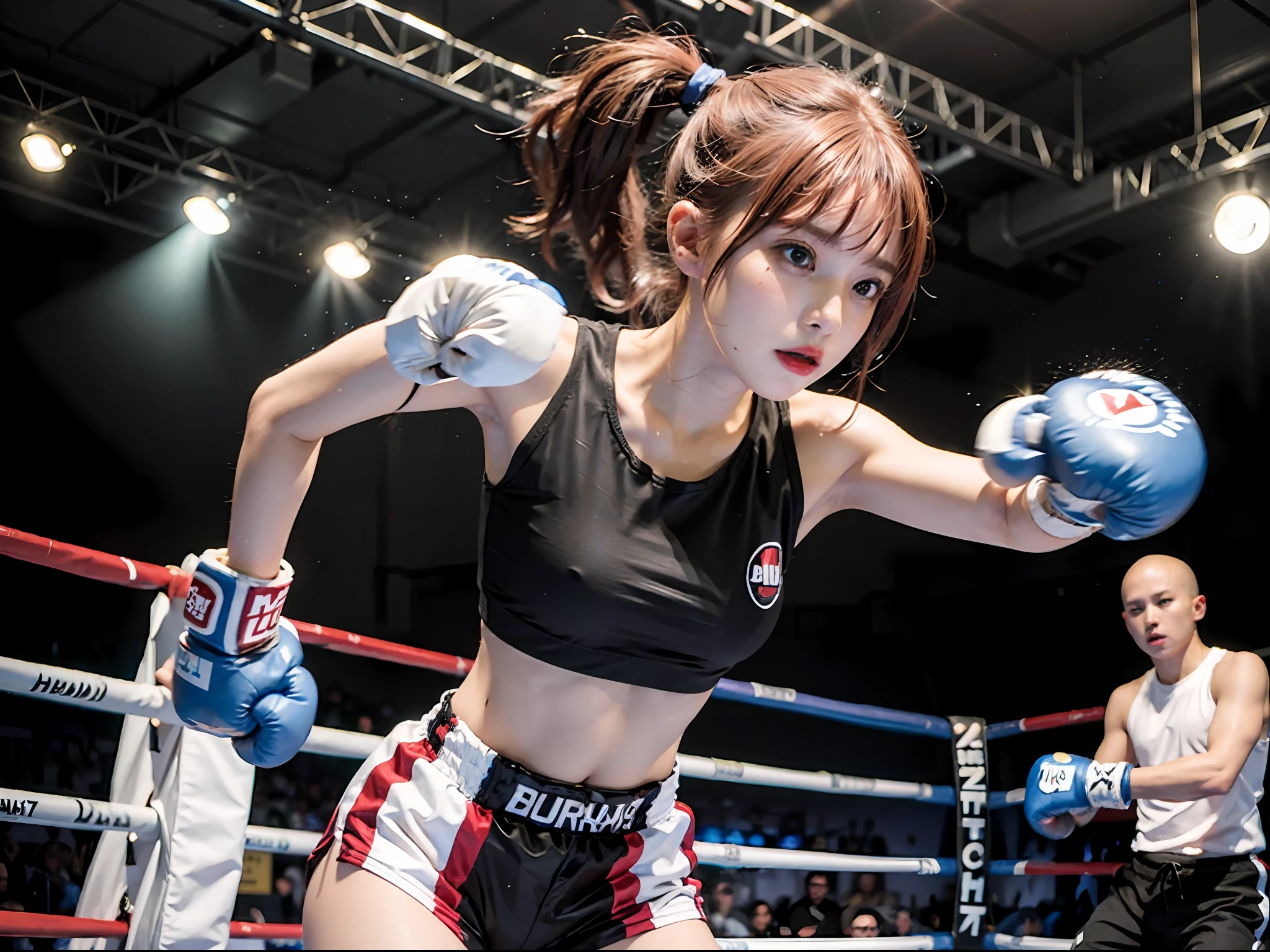 Best Quality, Boxer, (Photorealsitic:2), 超A high resolution, Highly detailed, A hyper-realistic, 1girl in, ((Redhead Guard)), (Boxing gloves), Floral pattern, colourfull_Head_hair、(((very_Short_Head_hair))), Short hair, Slim body, Full Shot, Looking at Viewer, ((boxing Ring)), Bright atmosphere, spot light, Detailed background
