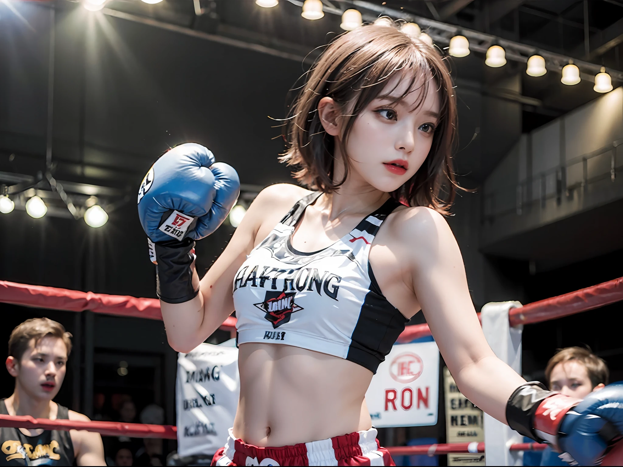 Best Quality, Boxer, (Photorealsitic:2), 超A high resolution, Highly detailed, A hyper-realistic, 1girl in, ((Redhead Guard)), (Boxing gloves), Floral pattern, colourfull_Head_hair、(((very_Short_Head_hair))), Short hair, Slim body, Full Shot, Looking at Viewer, ((boxing Ring)), Bright atmosphere, spot light, Detailed background