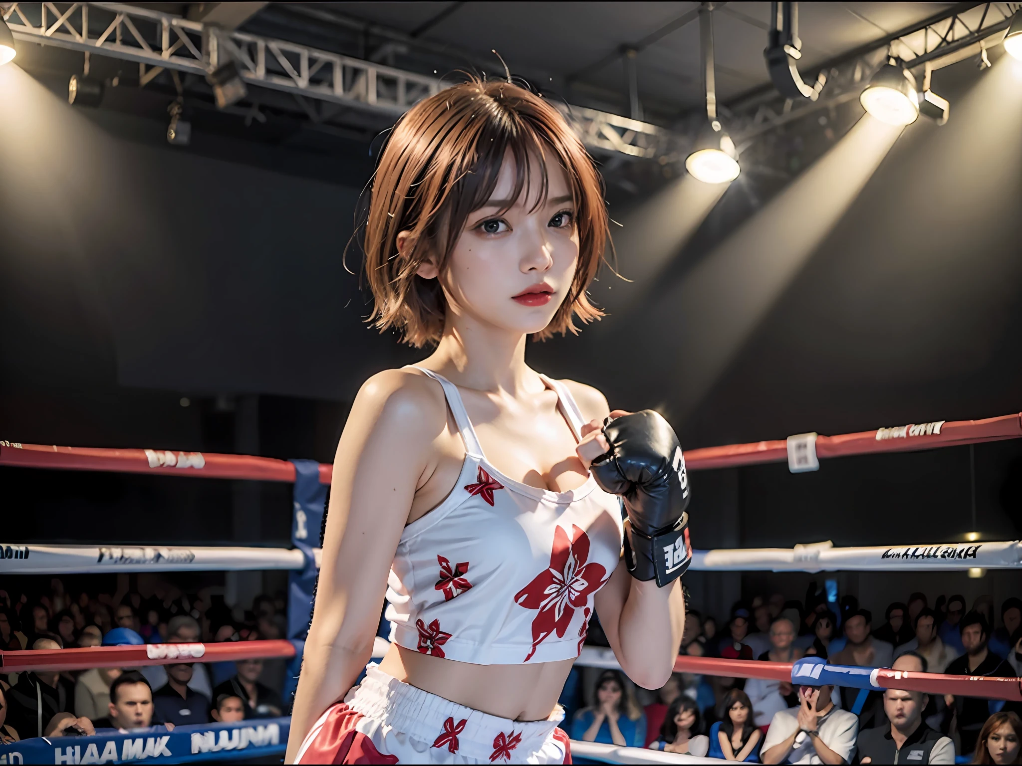 Best Quality, Boxer, (Photorealsitic:2), 超A high resolution, Highly detailed, A hyper-realistic, 1girl in, ((Redhead Guard)), (Boxing gloves), Floral pattern,  colourfull_Head_hair、(((very_Short_Head_hair))), Short hair, Slim body, Full Shot, Looking at Viewer, ((boxing Ring)),  Bright atmosphere, spot light, Detailed background