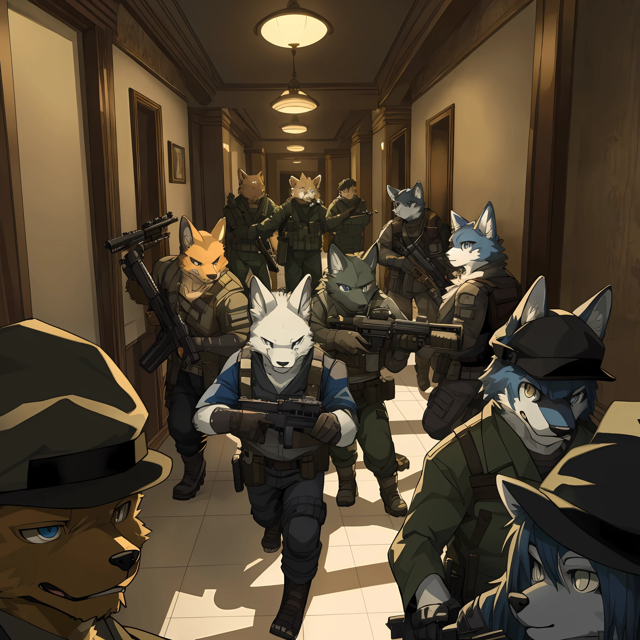 dynamic angle, top quality, best quality, High-quality illustrations, masterpiece, super high resolution, detailed background, detailed background, biohazard, Dim hotel hallway, gun fight, group shot:0.1, 6+boys, 6+girls, game package, absurdres(highly detailed beautiful face and eyes)perfect anatomy, expression, good lighting, cinematic shadow(kemono, furry anthro),