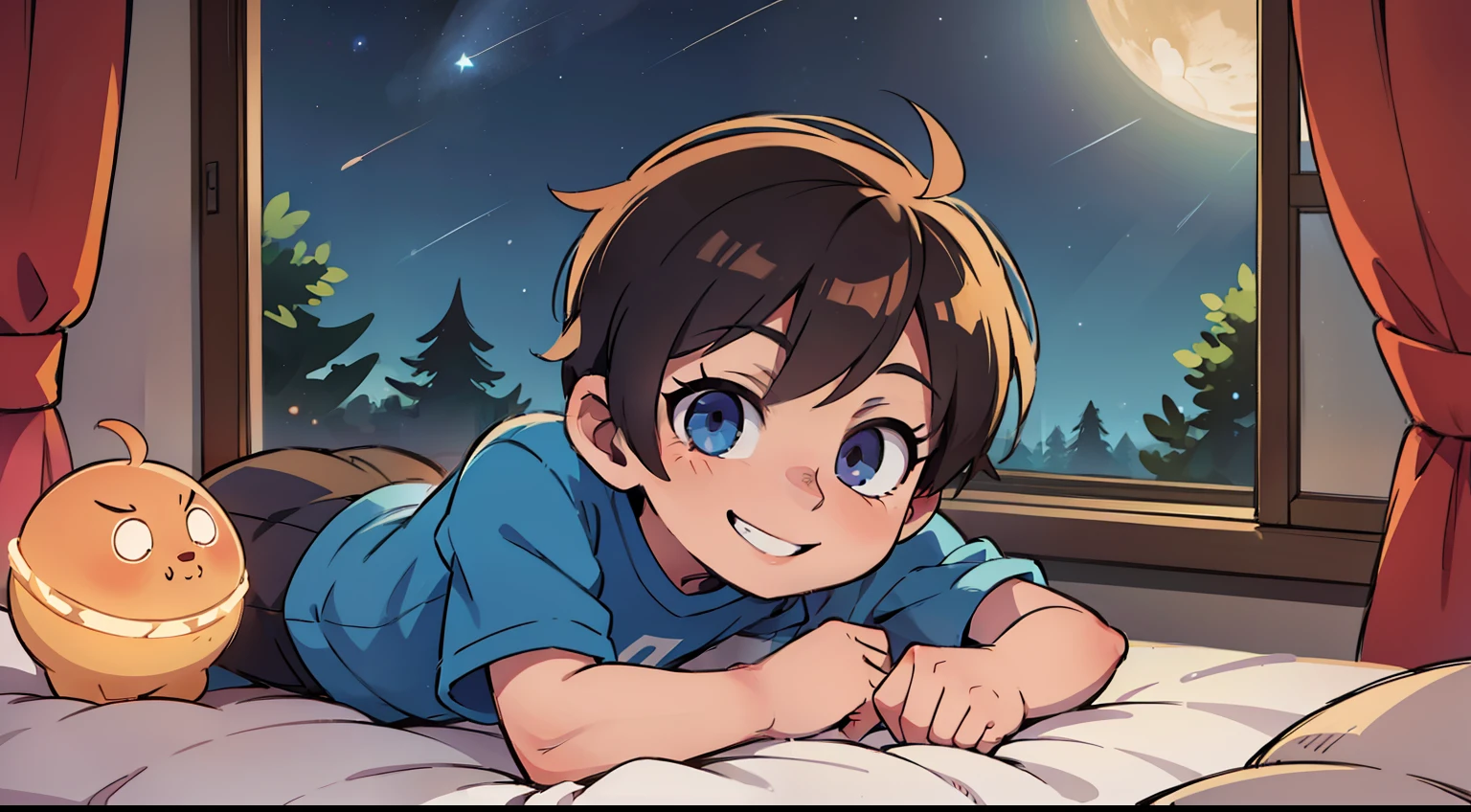 --magic ball smiling-- to -- --the BOY-- lying on the bed by the open window at night and the sky full of stars--, ---in his room--.