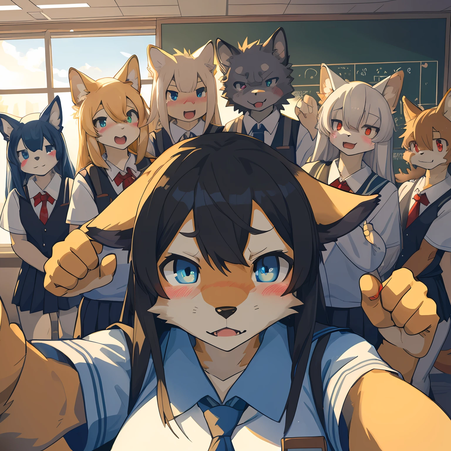 top quality, best quality, High-quality illustrations, masterpiece, super high resolution, detailed background, detailed background, School Uniforms, class, reaching out, embarrassed, blush, group shot:0.1, 6+boys, 6+girls, absurdres(highly detailed beautiful face and eyes)perfect anatomy, expression, good lighting, cinematic shadow(kemono, furry anthro),