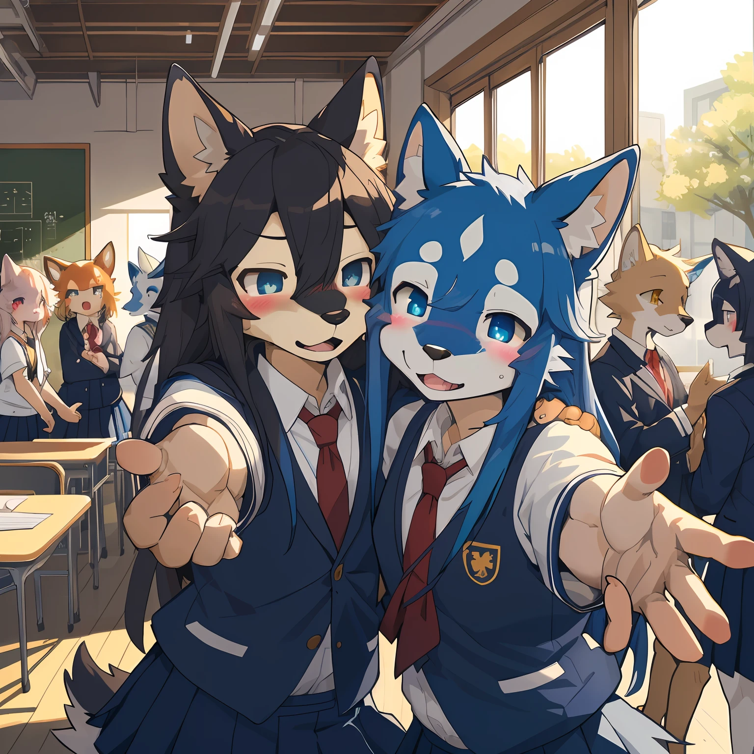 top quality, best quality, High-quality illustrations, masterpiece, super high resolution, detailed background, detailed background, School Uniforms, class, reaching out, embarrassed, blush, group shot:0.1, 6+boys, 6+girls, absurdres(highly detailed beautiful face and eyes)perfect anatomy, expression, good lighting, cinematic shadow(kemono, furry anthro),