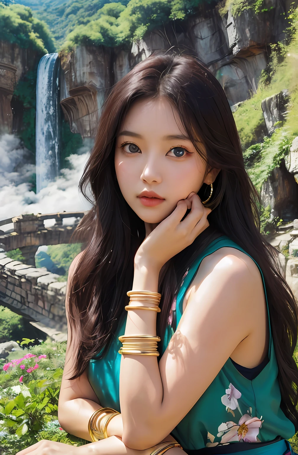 2girls,duo,kawaii,8K Raw photograph,超高分辨率, filmgrain, filmg,view the viewer, Natural skin texture,Realistic eye and face details,((Realistic:1.5)),Ulzzang-6500:1.4,((Best quality)), ((Masterpiece)),((Detailed)),{2 beautiful women}, (Upper body:1.3),Hug and touch each other, Tease your friend's waist, Breathless friends, Biting a friend's earlobe, crouched,super wide shot,Face focus, Long legs,Curvy, Barefoot,Wide hips, Thin legs, Oversized eyes,Long eyelashes, (Detailed face,beautidful eyes, detailedpupils,detailed clothes features, Clear background:1.3), (armlets, bangle:1.3), Mysterious ancient ruins, floresta exuberante, Deep canyon,bridge,River,cliff,Cloud,lakes,Rock music,Waterfalls, Flowers, Grass,grape trees,tree,bright detail,Sharp,Perfect compounding, Intricate, Sharp focus, Dramatic,