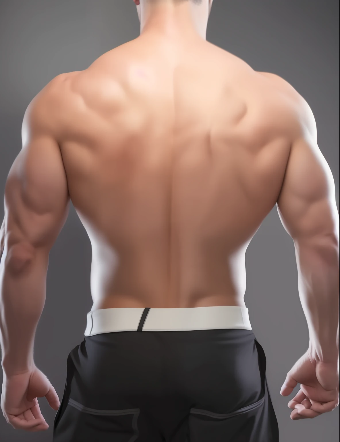 arafed man with no shirt on standing in front of a gray background, his back is turned, arched back, full growth from the back, his arms are behind his back, back pose, back arched, with his back turned, hunched shoulders, back - shot, arms behind back, chiseled muscles, in full growth from the back