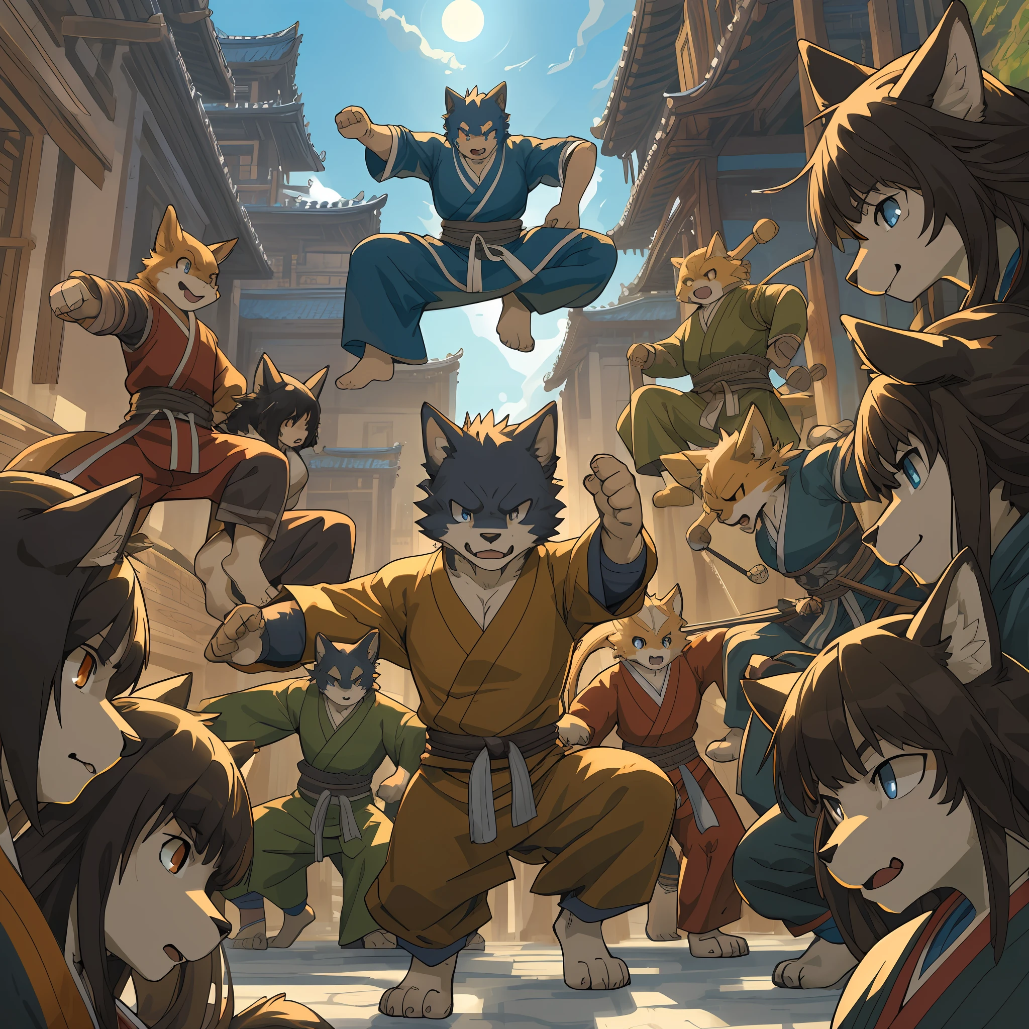 dynamic angle, top quality, best quality, High-quality illustrations, masterpiece, super high resolution, detailed background, detailed background, kung fu film, action, group shot:0.1, 6+boys, 6+girls, absurdres(highly detailed beautiful face and eyes)perfect anatomy, expression, good lighting, cinematic shadow(kemono, furry anthro),