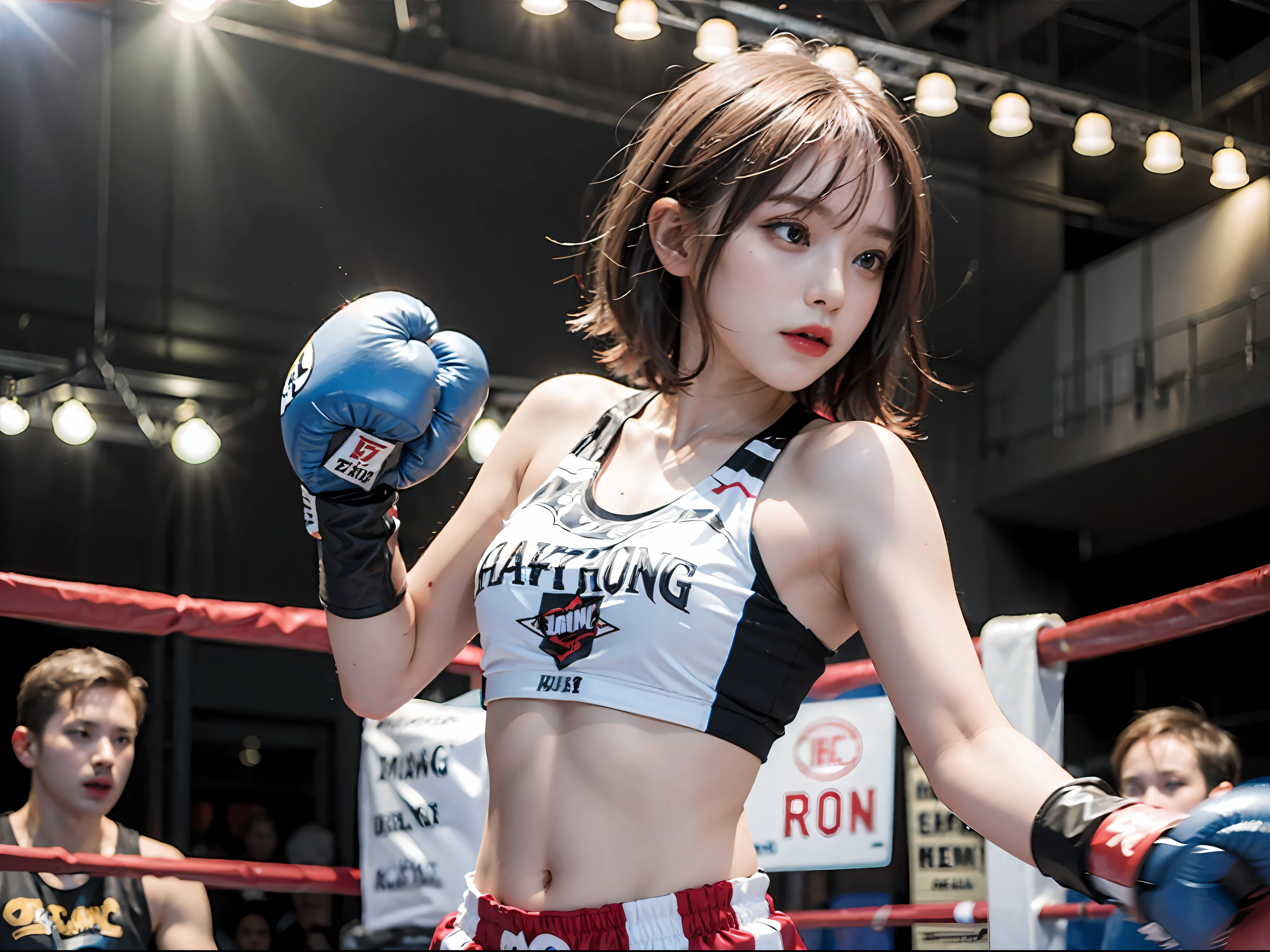 Best Quality, Boxer, (Photorealsitic:2), 超A high resolution, Highly detailed, A hyper-realistic, 1girl in, ((Redhead Guard)), (Boxing gloves), Floral pattern, colourfull_Head_hair、(((very_Short_Head_hair))), Short hair, Slim body, Full Shot, Looking at Viewer, ((boxing Ring)), Bright atmosphere, spot light, Detailed background