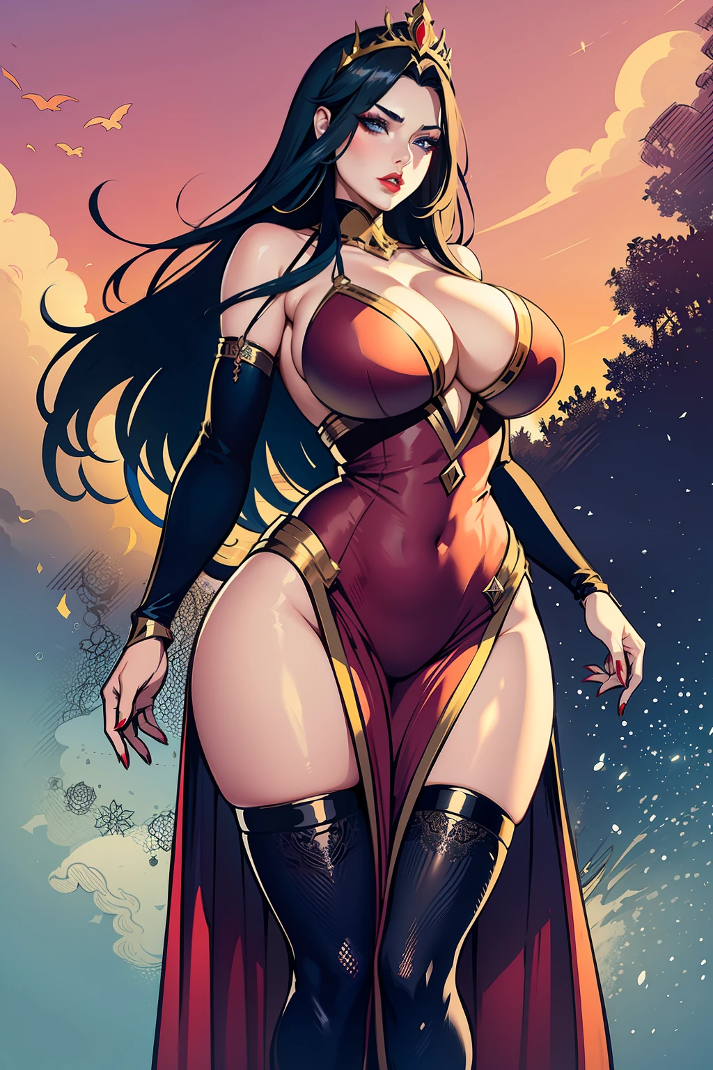 A sensual woman with long black hair, big breasts, thick thighs, blue eyes, makeup, Red lipstick on her lips, Extreme beauty, seductive look, wearing a red dress, multiple poses, shapes and expressions, hair blowing in the wind, Arabic clothes, wearing a tiara