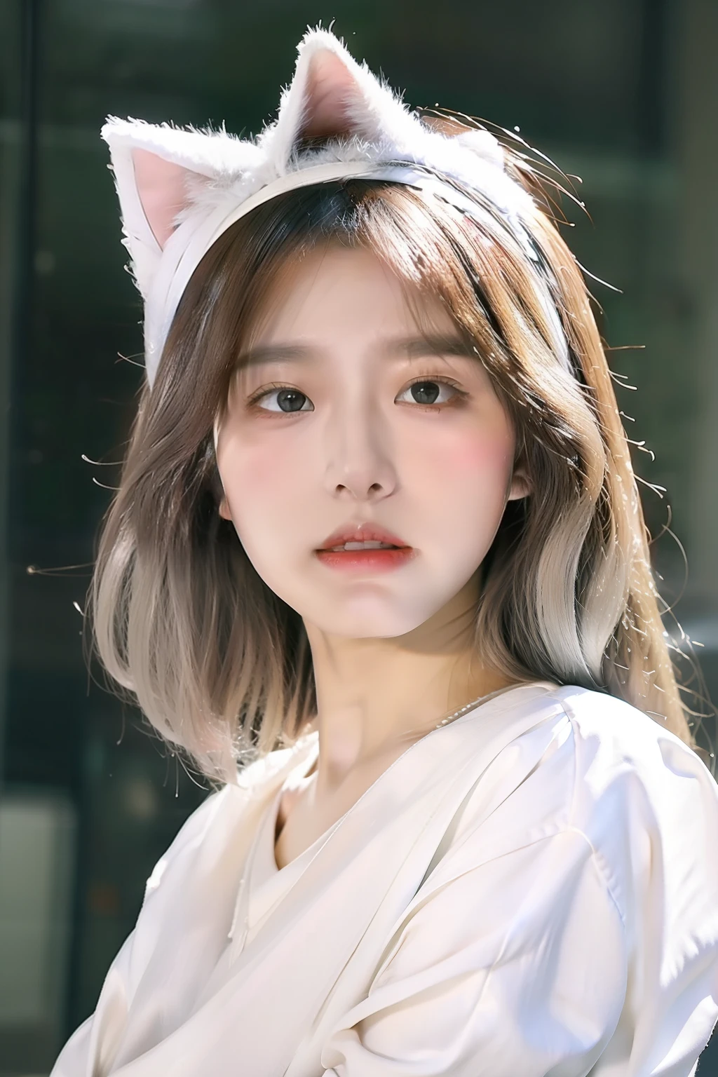 White clothes,silber hair,blacksilk,Raise an eyebrow,head gear,cat ear,Nu mouth。looking down on the camera,Centralized lines,Divine sense top light,hyper HD,tmasterpiece,Textured skin