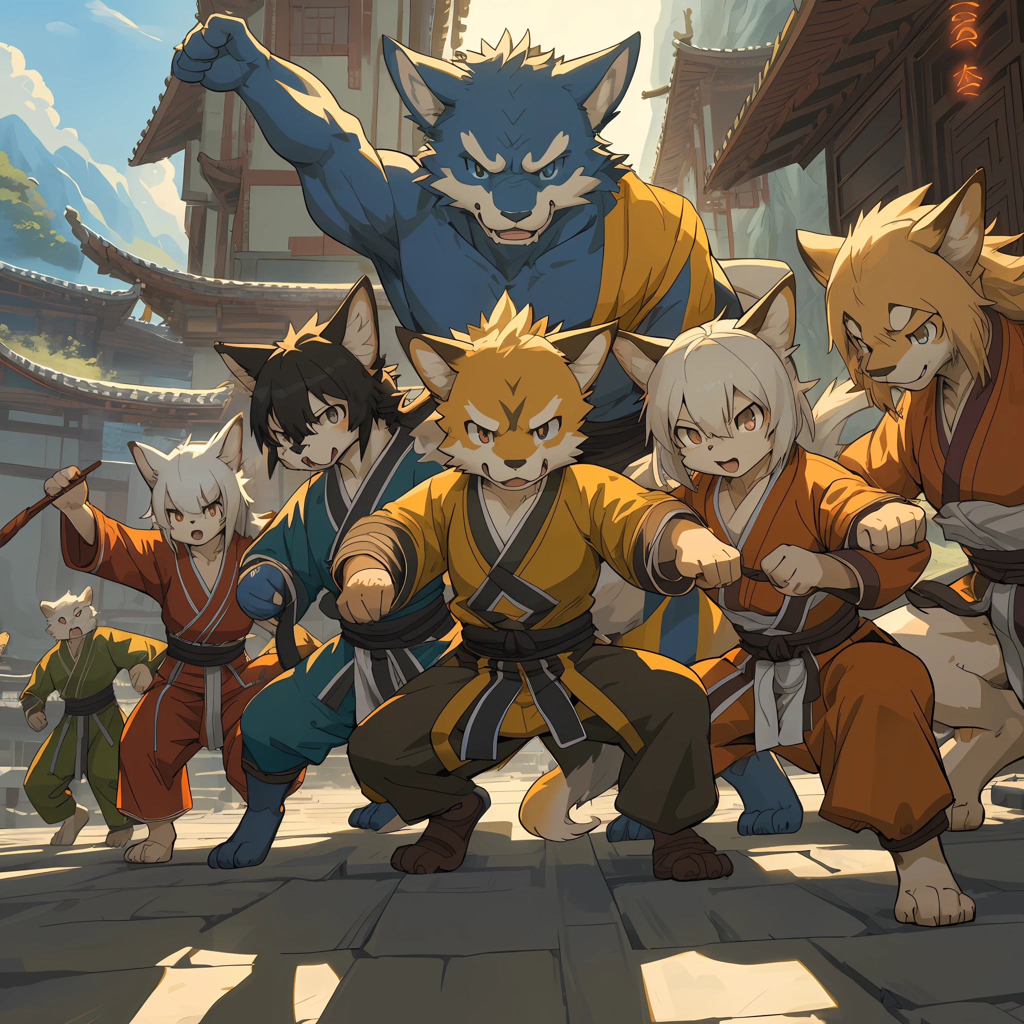 dynamic angle, top quality, best quality, High-quality illustrations, masterpiece, super high resolution, detailed background, detailed background, kung fu film, action, group shot:0.1, 6+boys, 6+girls, absurdres(highly detailed beautiful face and eyes)perfect anatomy, expression, good lighting, cinematic shadow(kemono, furry anthro),