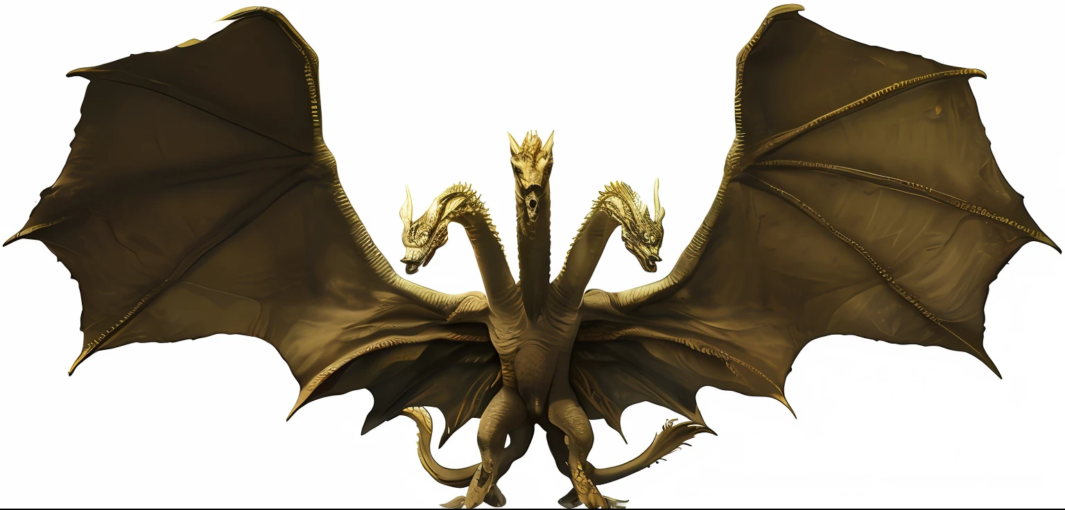 A closeup of a dragon with open wings, Rei Ghidorah, giant kaiju dragon monster, serpe, hydra with eight heads, Giant dragon wings, Tiamat, great mystical winged serpent, grande envergadura, asas gigantes, Estilo Pteranadon, com asas. ultra-detalhado, que se divide ao meio em asas, huge symmetric wings